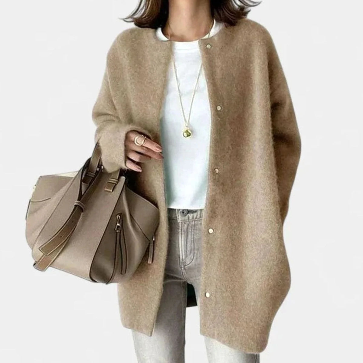 Women’s Oversized Knit Cardigan Relaxed Button-Front Style in Camel 2