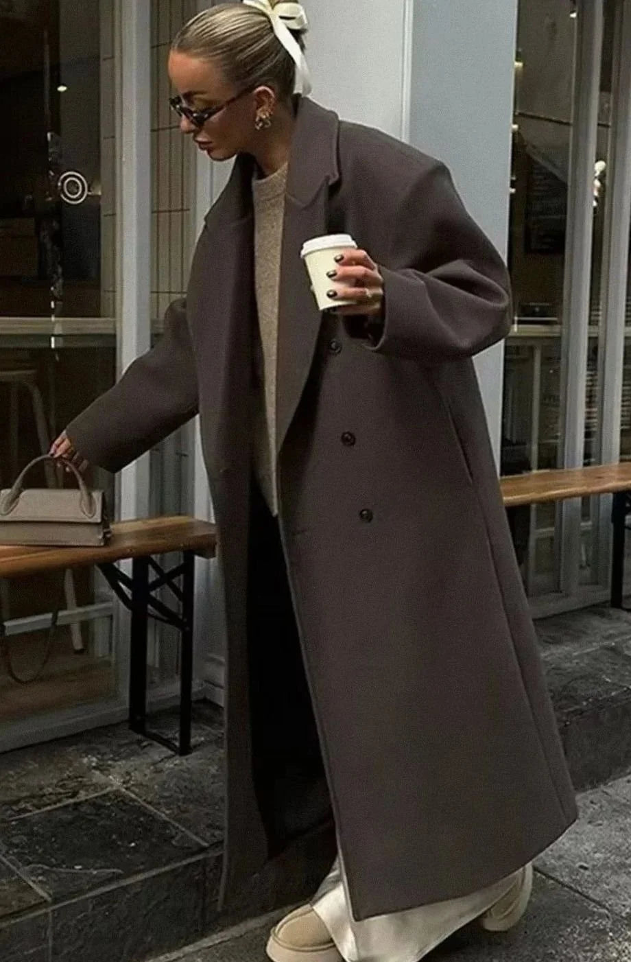 Women's Oversized Long Winter Coat Double-Breasted Brown Style 0
