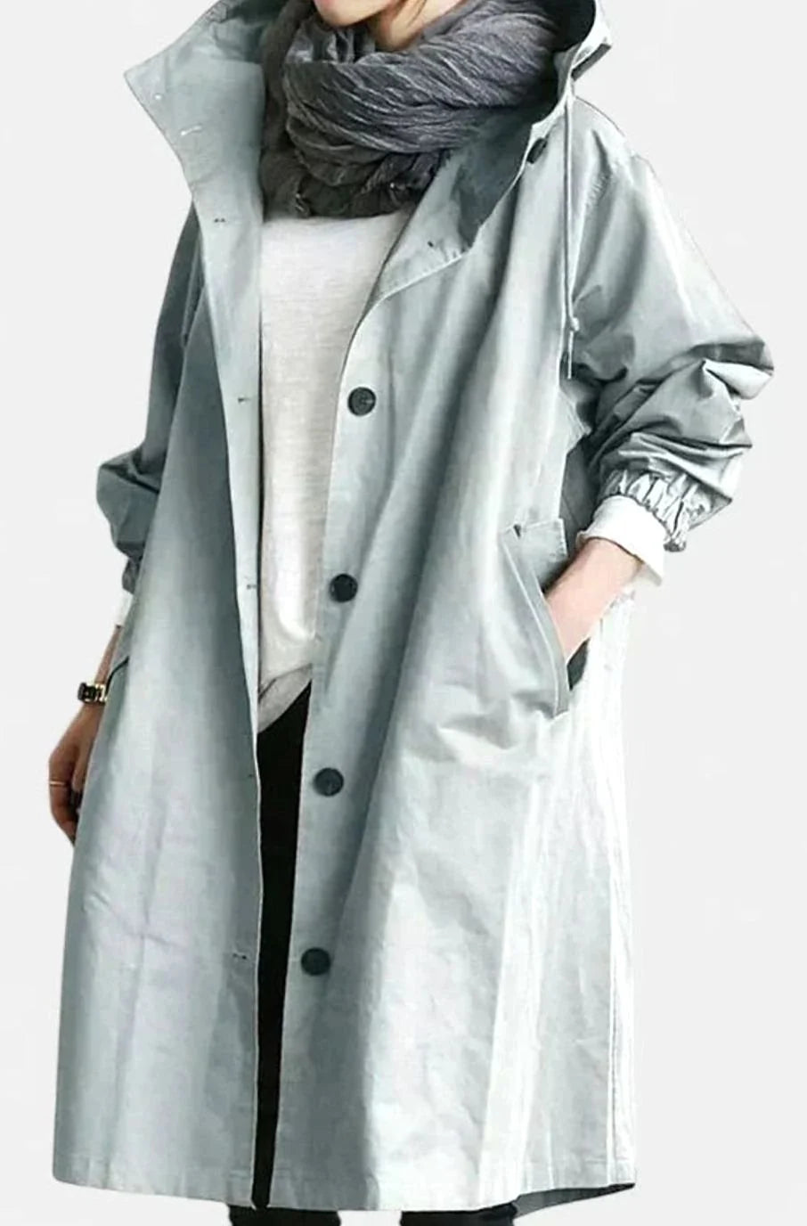 Women’s Oversized Longline Trench Coat with Hooded Button Front 1