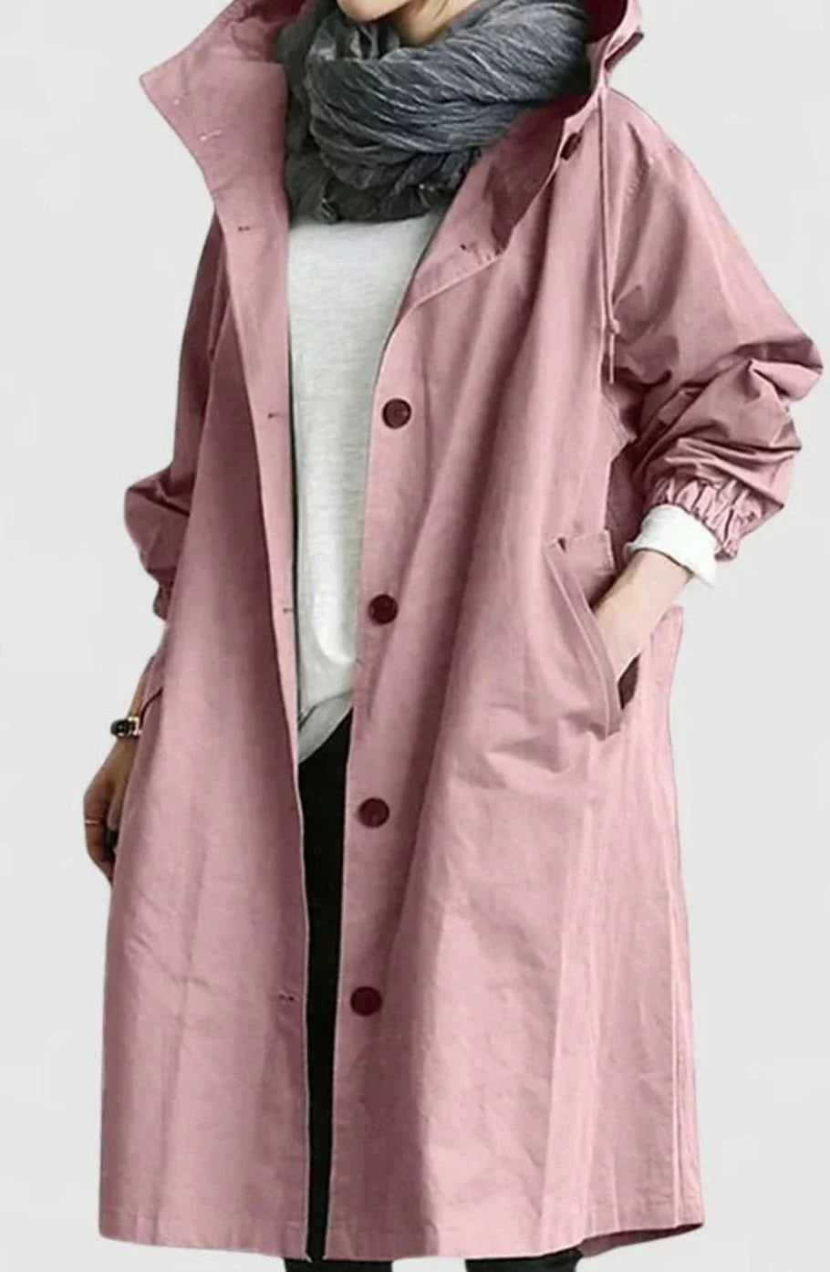 Women’s Oversized Longline Trench Coat with Hooded Button Front 10
