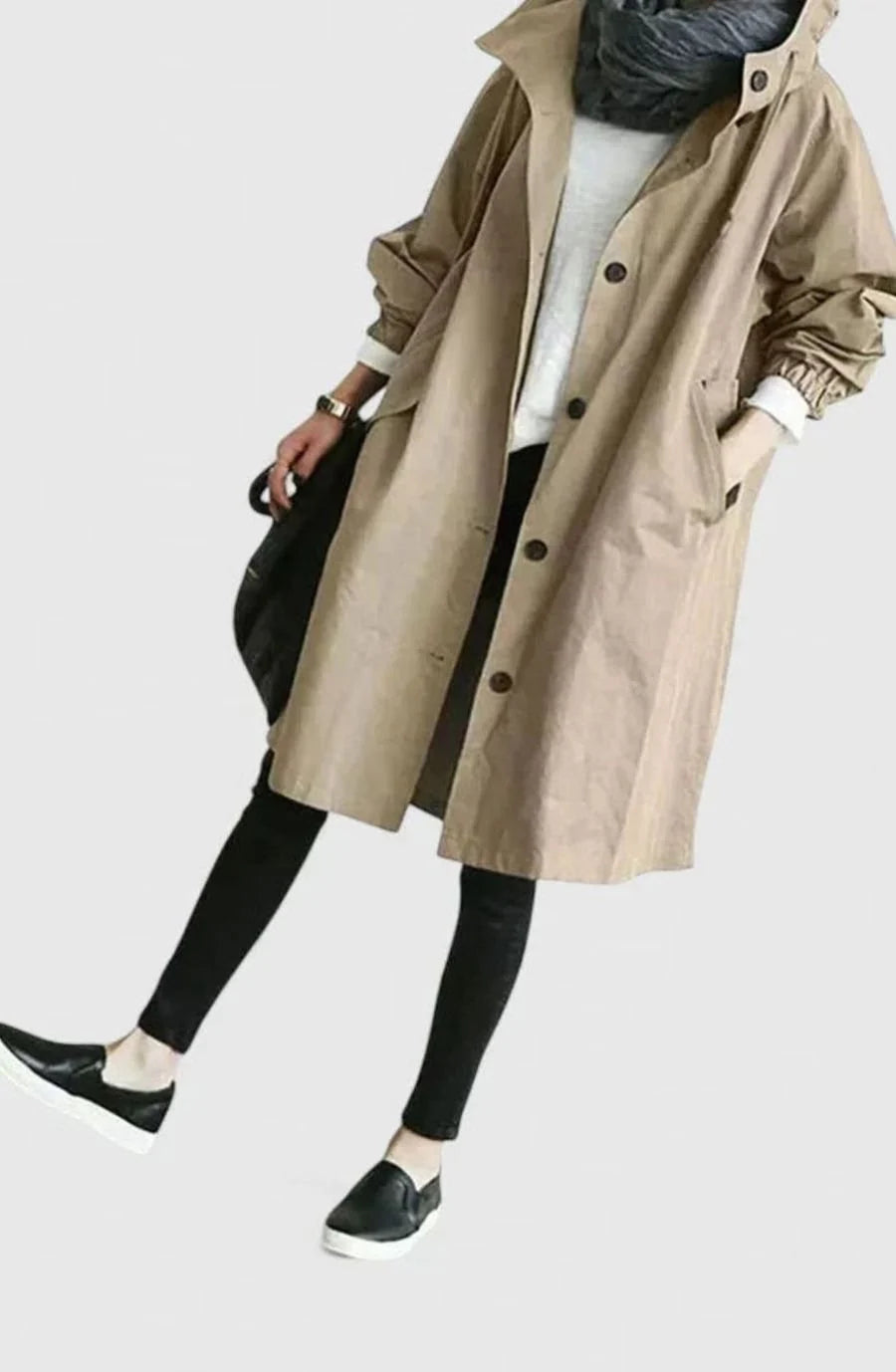 Women’s Oversized Longline Trench Coat with Hooded Button Front 6