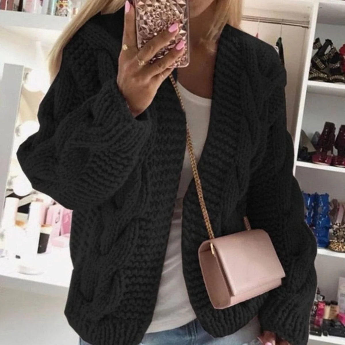 Women’s Oversized Open-Front Cable Knit Cardigan for Cozy Layering 0