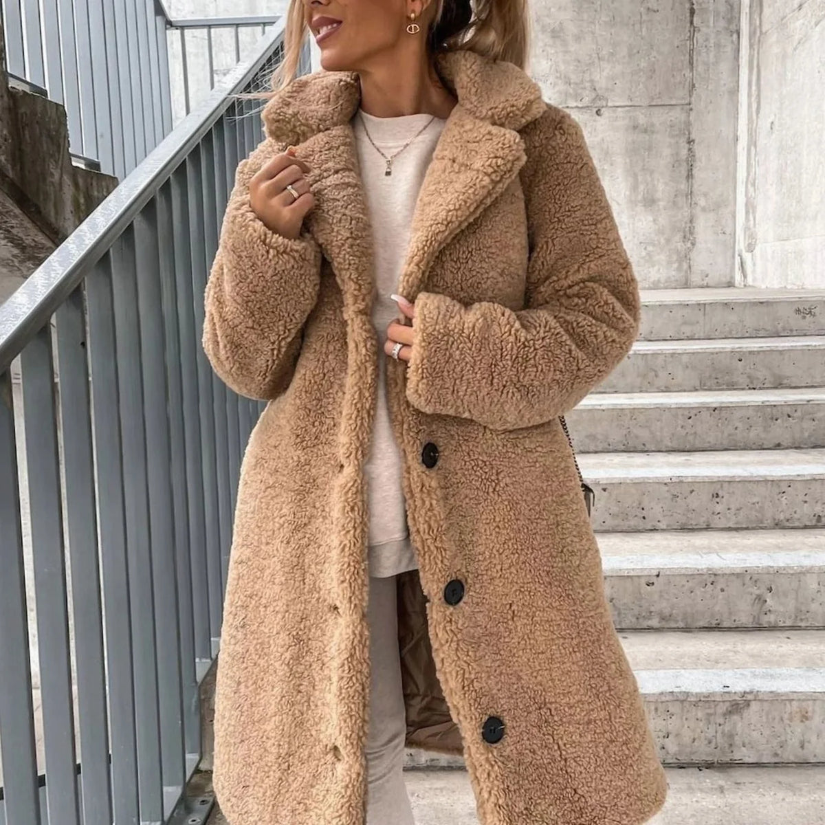 Women’s Oversized Teddy Long Coat Button-Front Design 0