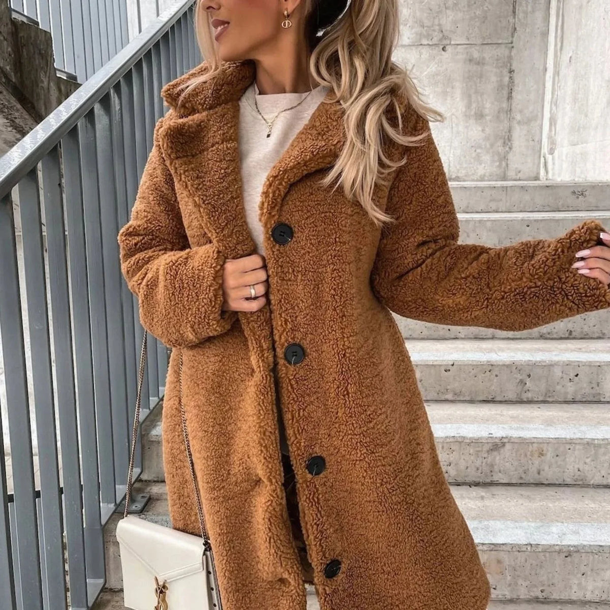 Women’s Oversized Teddy Long Coat Button-Front Design 1