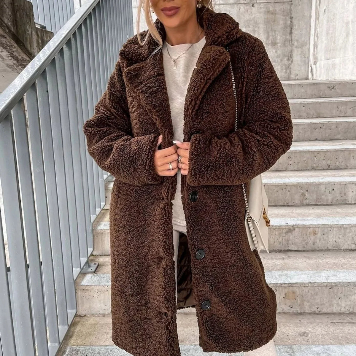 Women’s Oversized Teddy Long Coat Button-Front Design 3