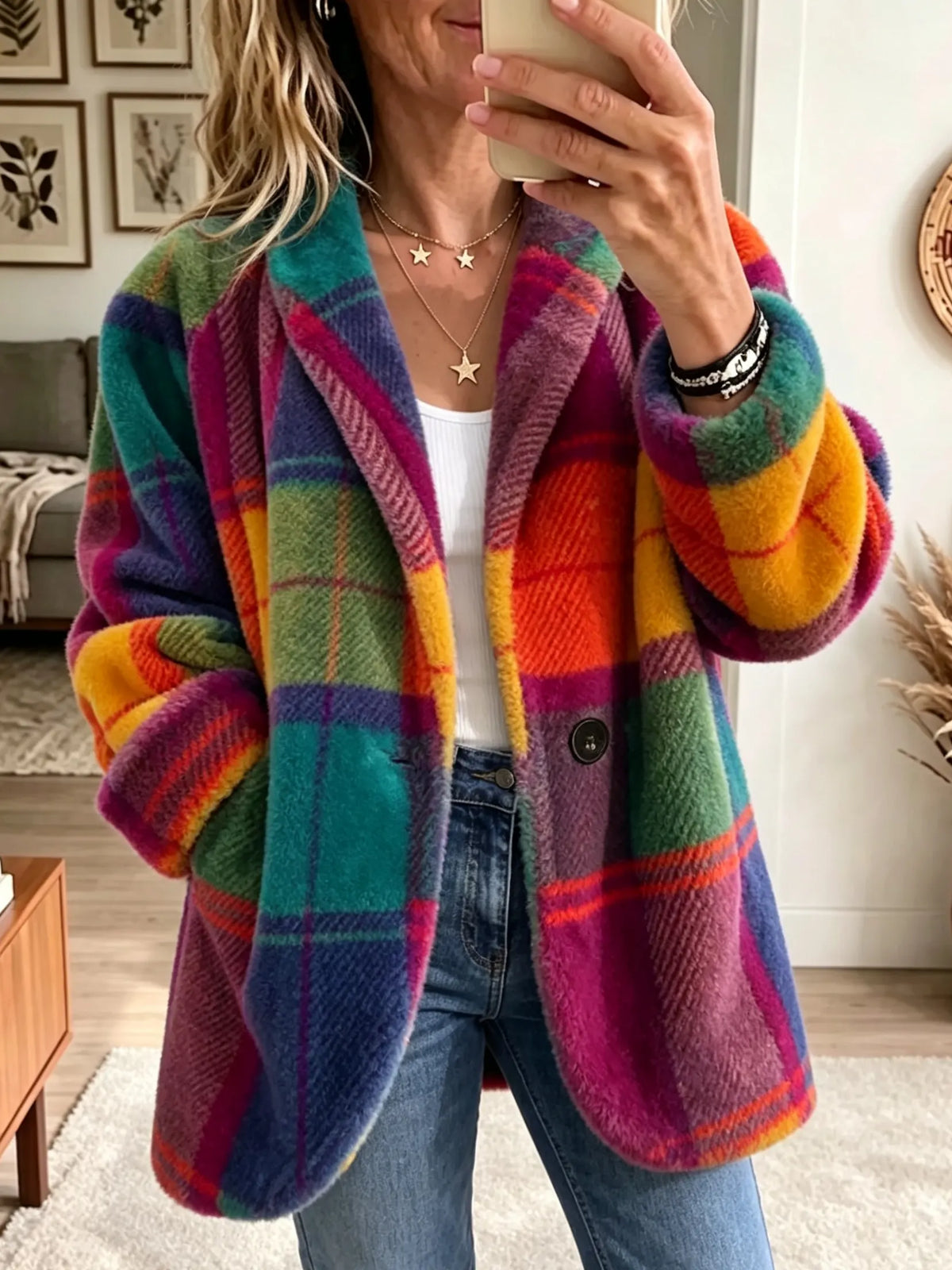 Women’s Plaid Jacket Cozy Relaxed Fit with Classic Style 0