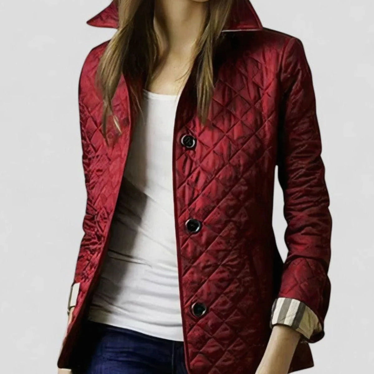 Women’s Quilted Jacket Tailored Fit with Plaid Cuffs 0