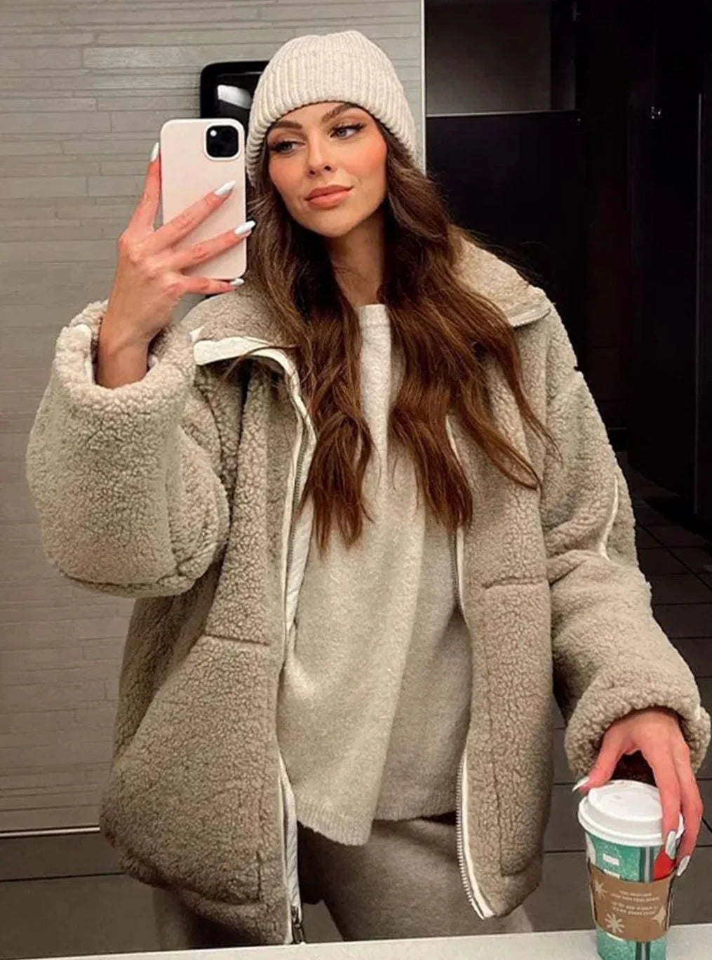 Women’s Relaxed-Fit Teddy Fleece Jacket High Neck Zip-Up Style 0