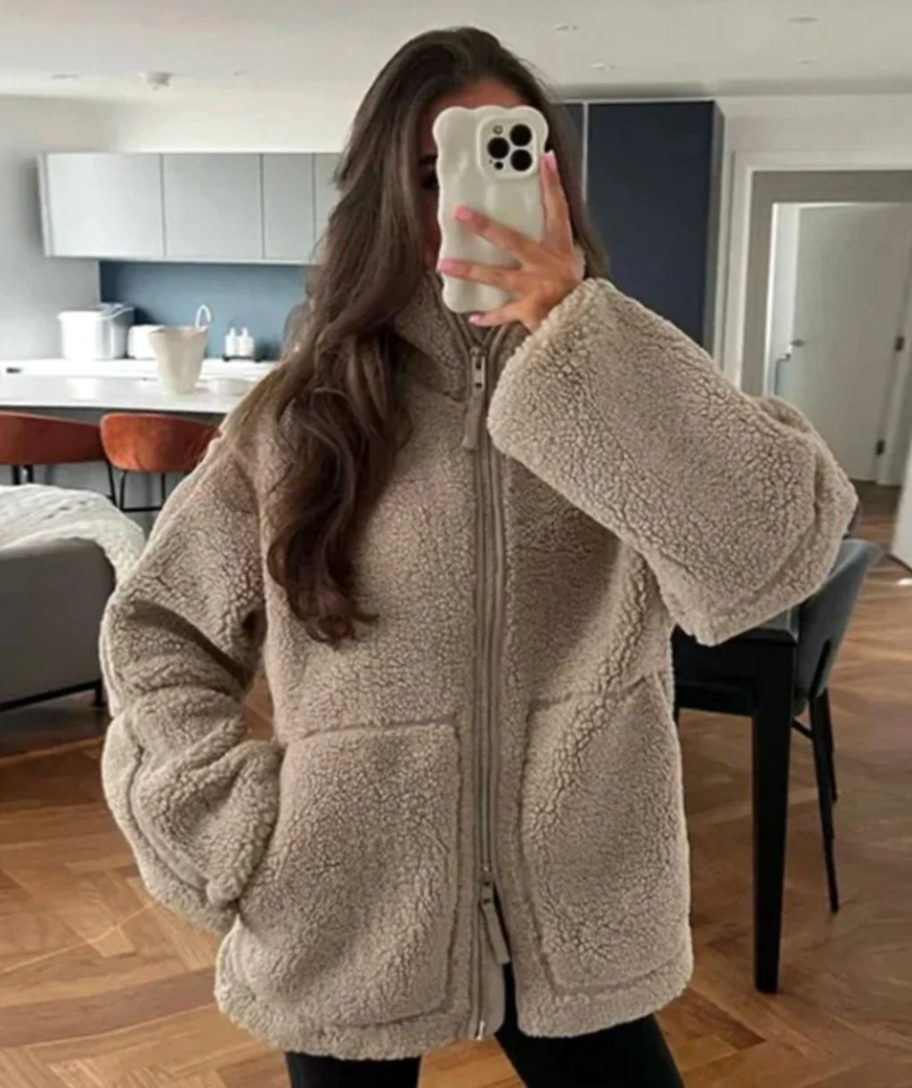 Women’s Relaxed-Fit Teddy Fleece Jacket High Neck Zip-Up Style 6