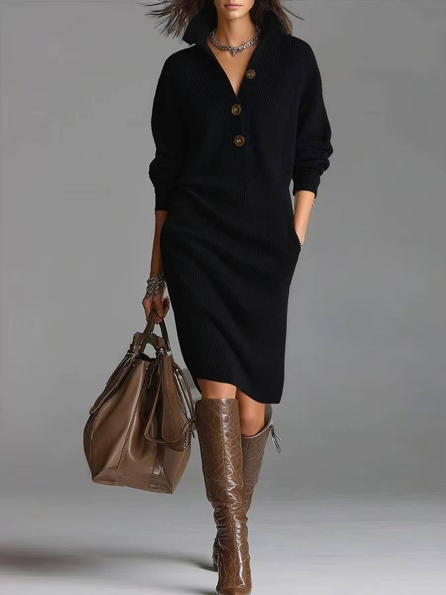 Women’s Relaxed Jumper Dress with Button-Up Collar and Pockets 0