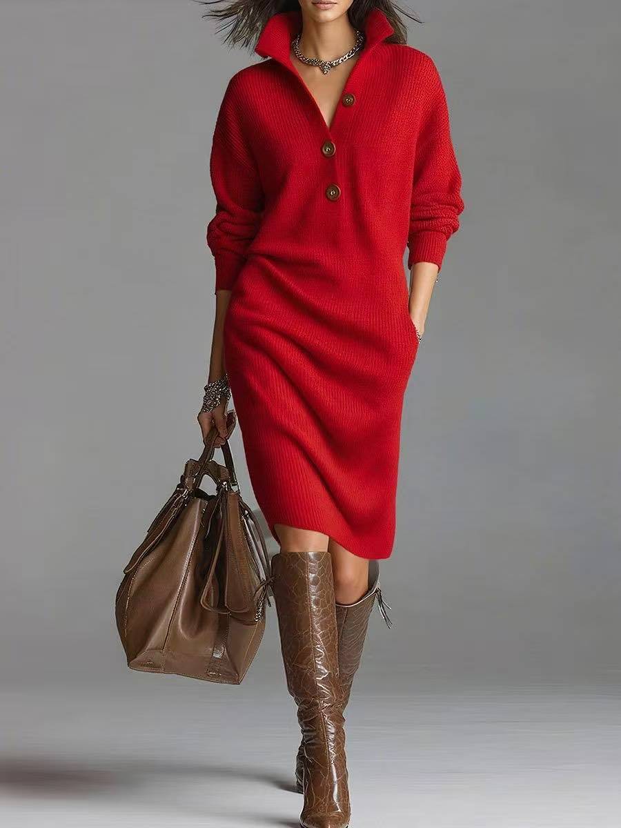Women’s Relaxed Jumper Dress with Button-Up Collar and Pockets 1