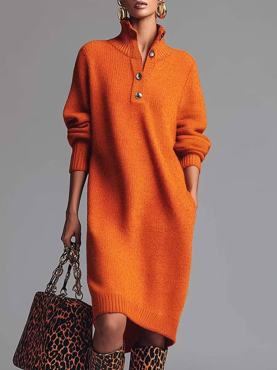 Women’s Relaxed Jumper Dress with Button-Up Collar and Pockets 4