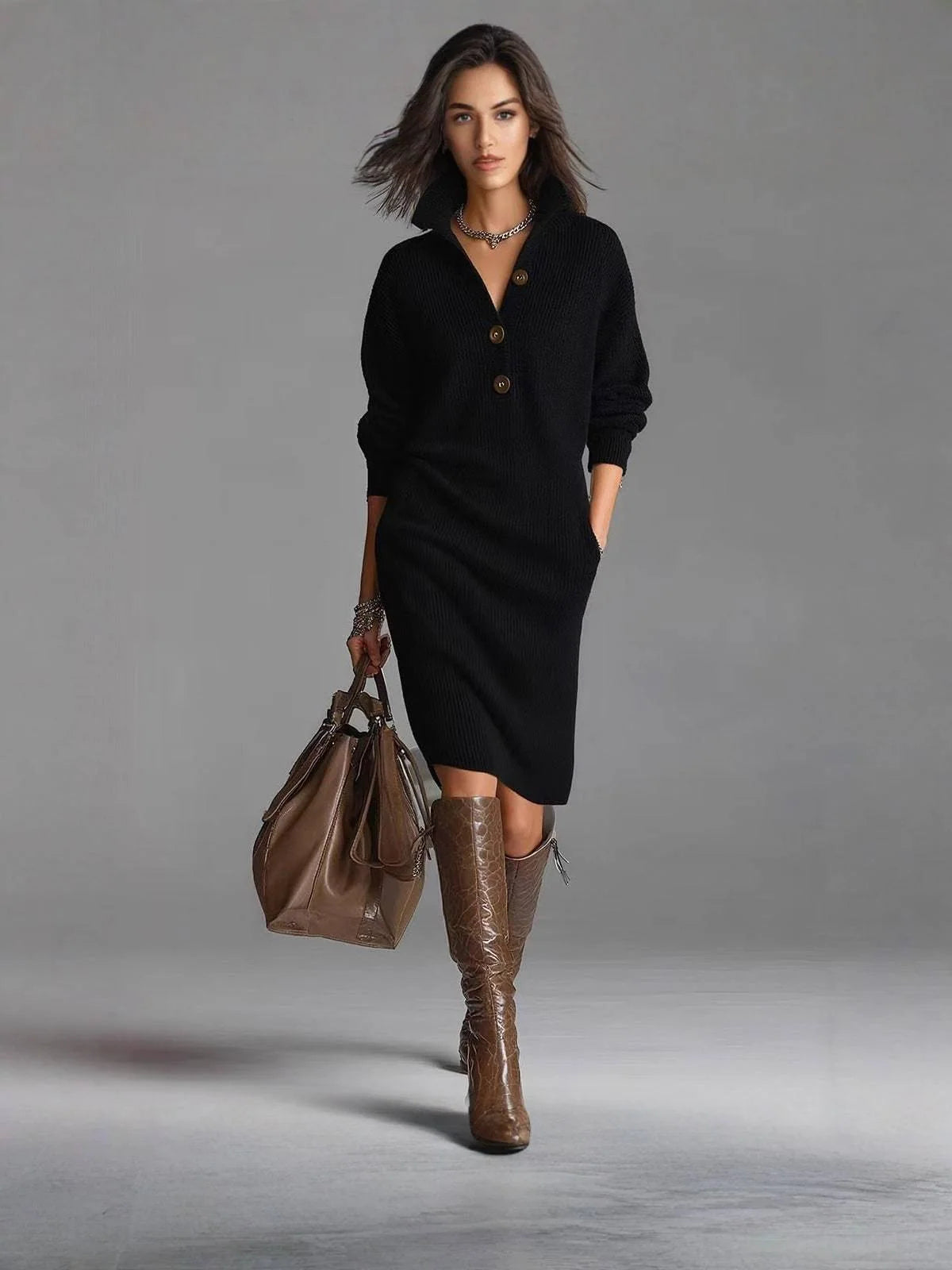 Women’s Relaxed Jumper Dress with Button-Up Collar and Pockets 5