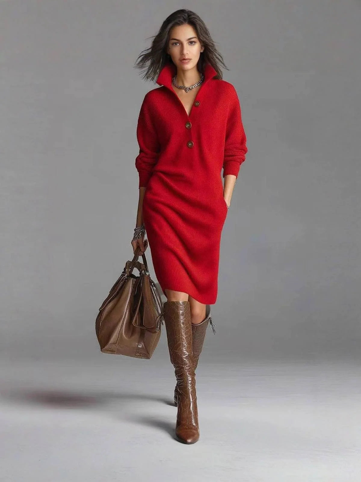 Women’s Relaxed Jumper Dress with Button-Up Collar and Pockets 7