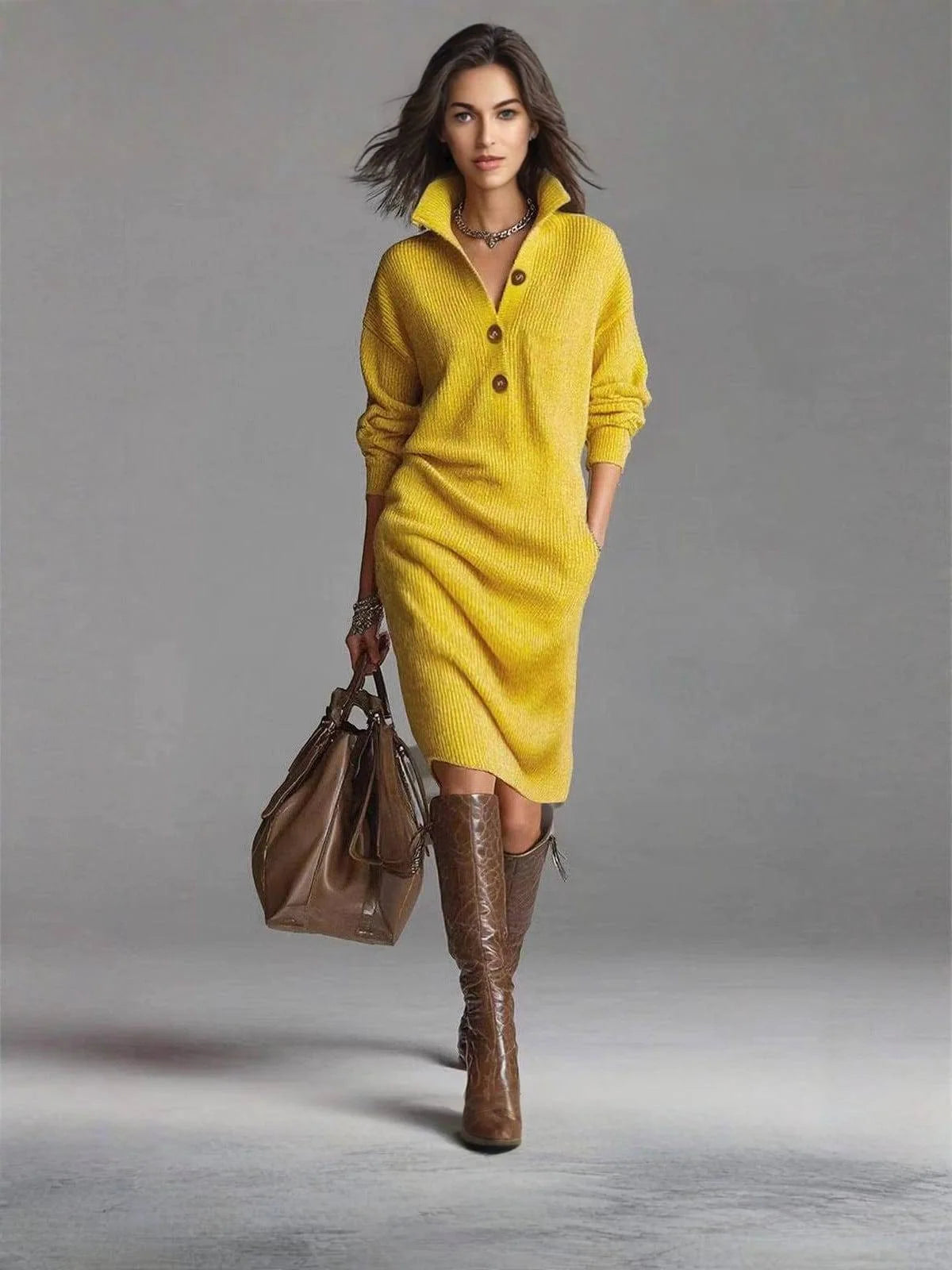 Women’s Relaxed Jumper Dress with Button-Up Collar and Pockets 8