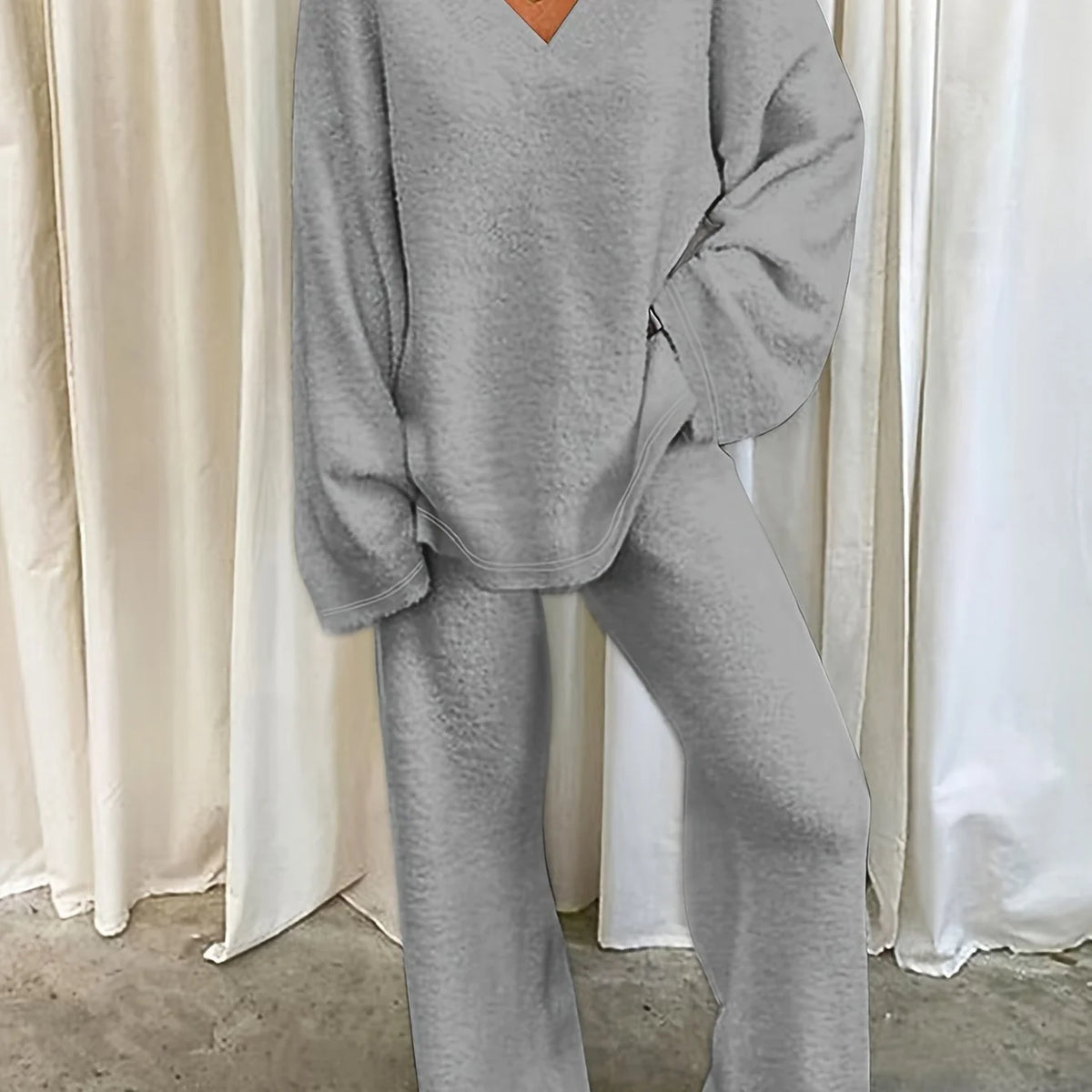 Women’s Relaxed Lounge Set Soft V-Neck Top and Wide-Leg Trousers 10