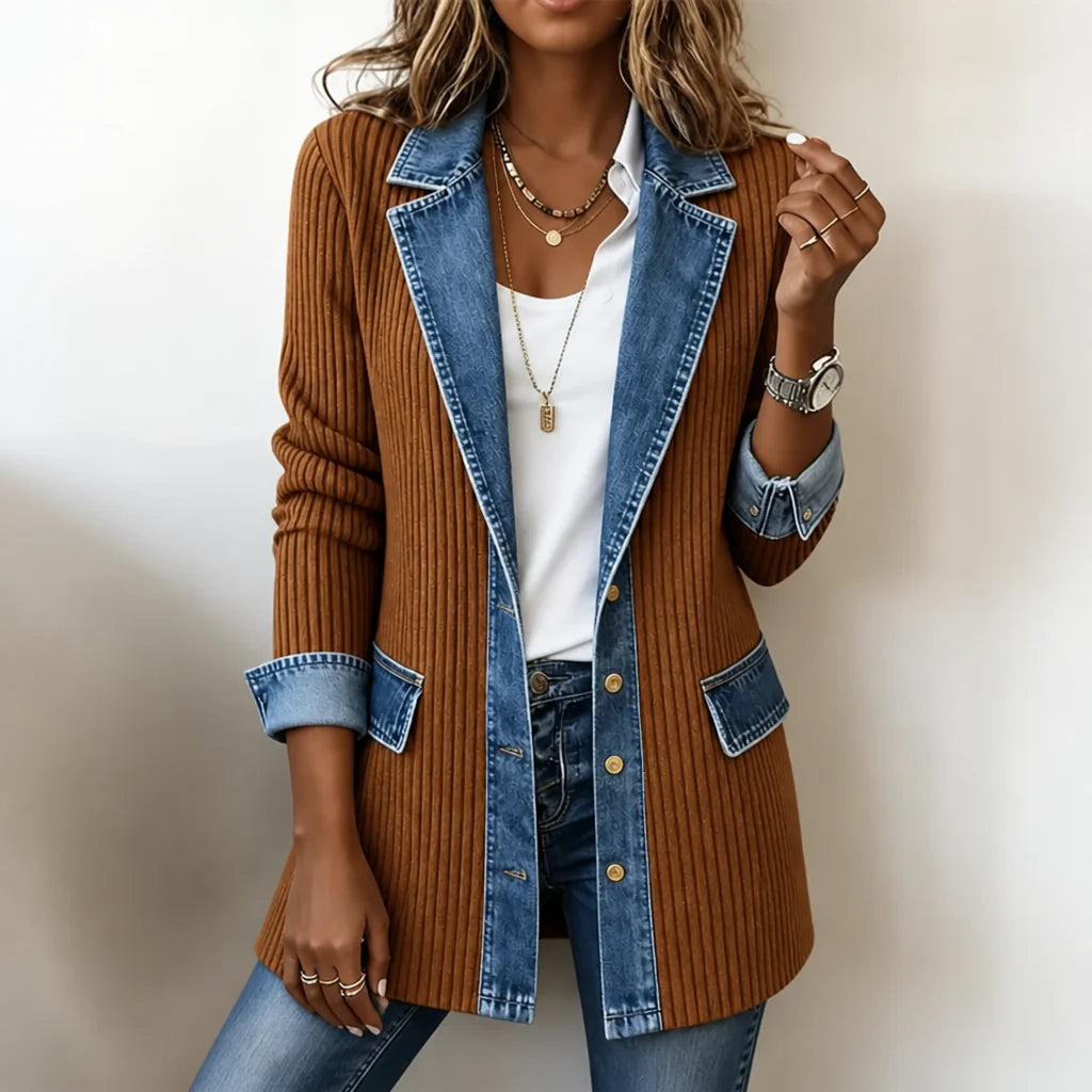 Women’s Ribbed Knit Coat with Denim Panel Detailing 11