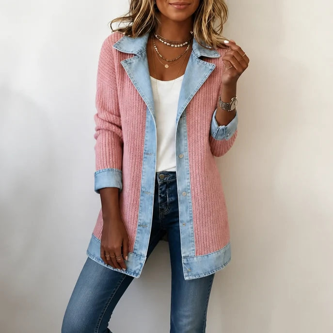 Women’s Ribbed Knit Coat with Denim Panel Detailing 15