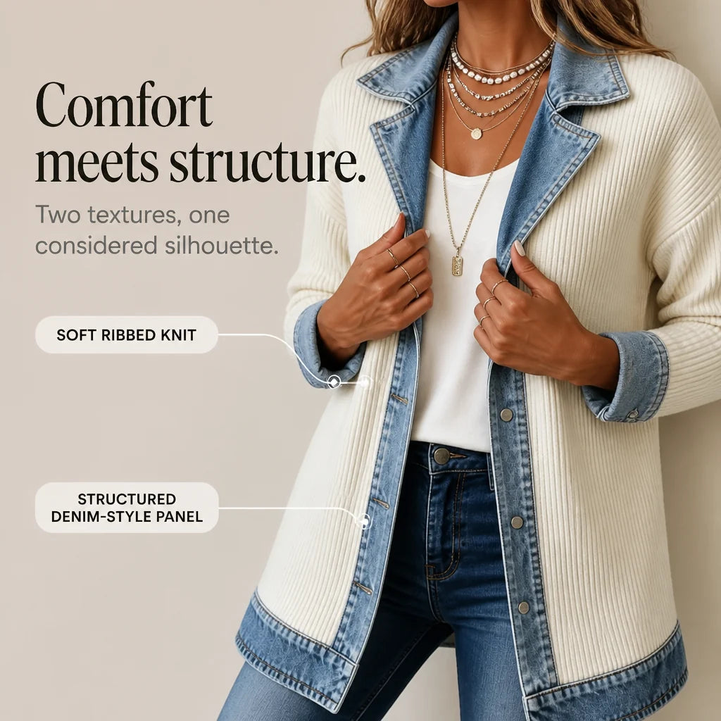 Women’s Ribbed Knit Coat with Denim Panel Detailing 5