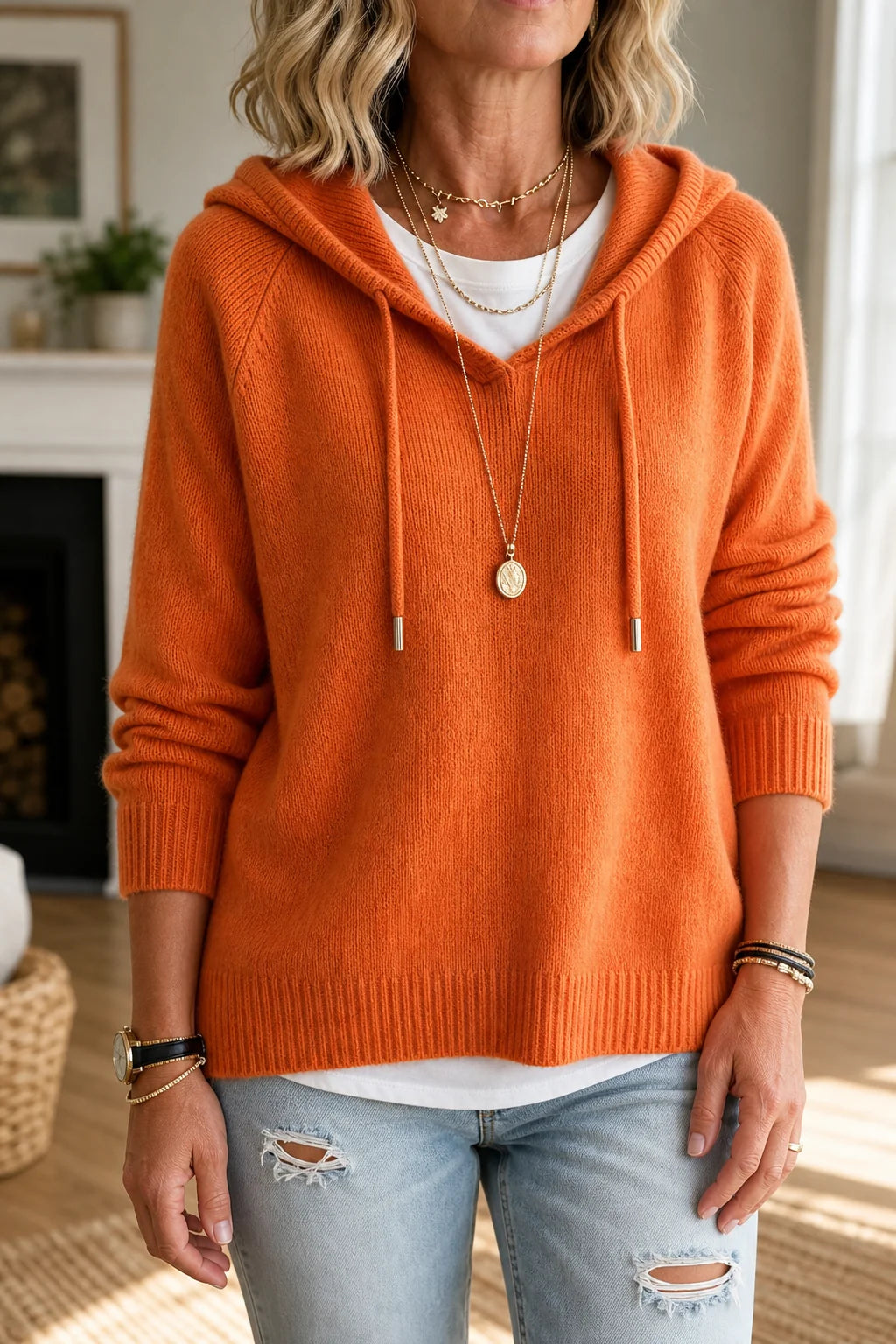 Women’s Ribbed Knit Pullover Sweater with Drawstring Hood Relaxed Fit 1