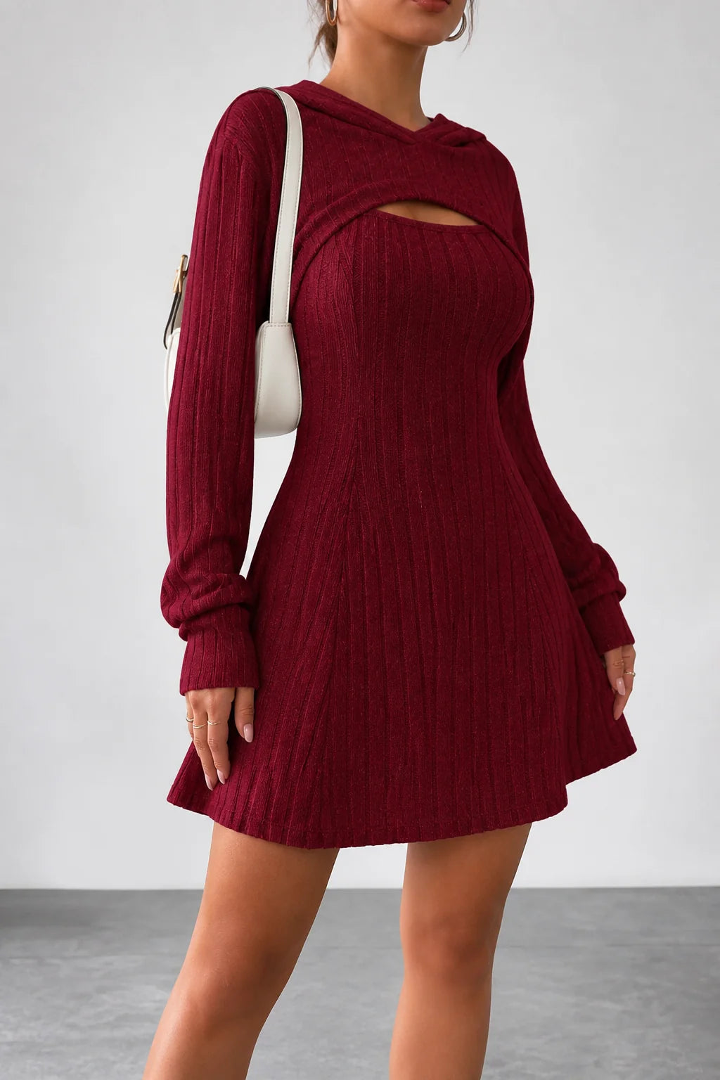 Women’s Ribbed Mini Dress Set with Hooded Bolero and Flared Sleeves 0