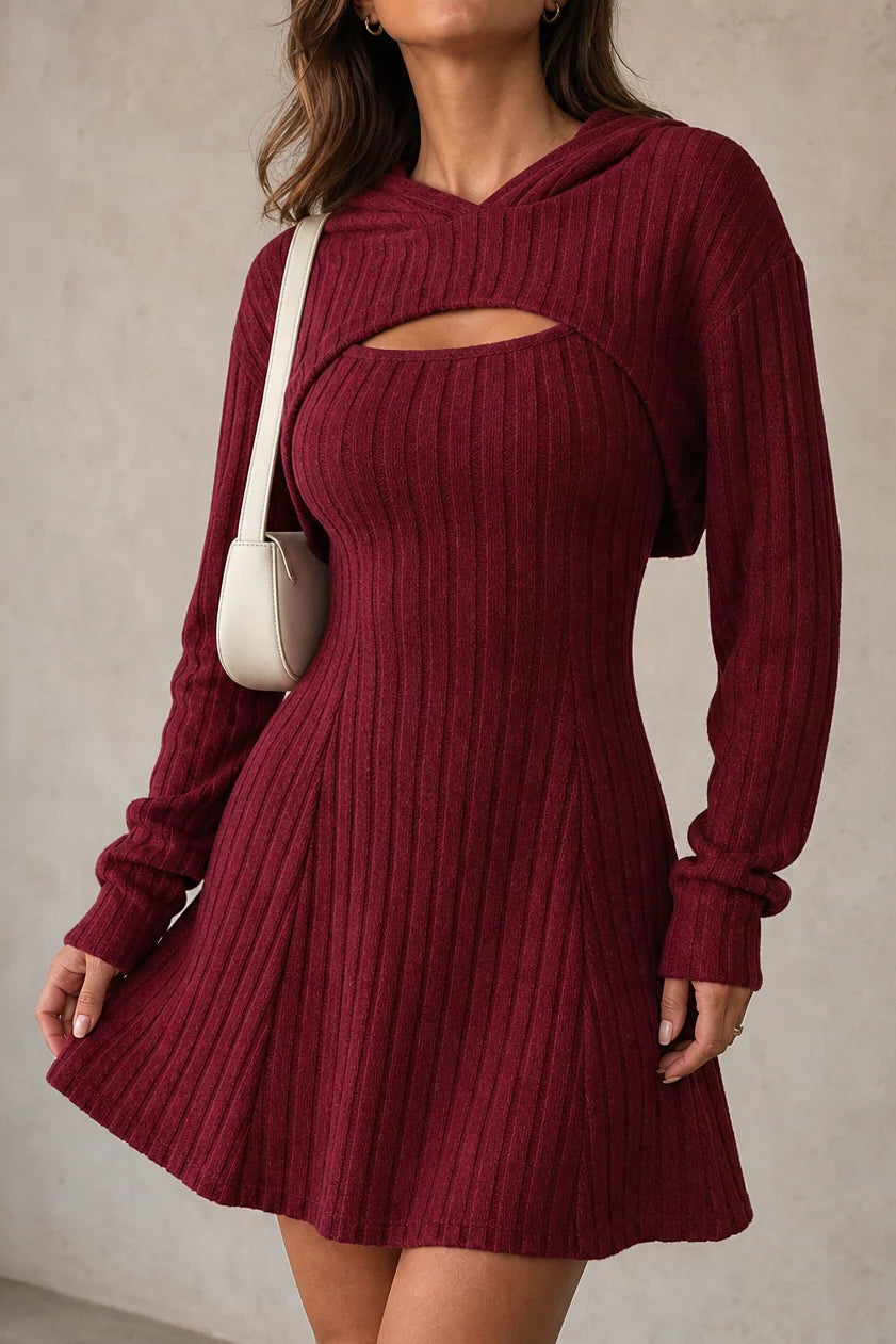 Women’s Ribbed Mini Dress Set with Hooded Bolero and Flared Sleeves 1