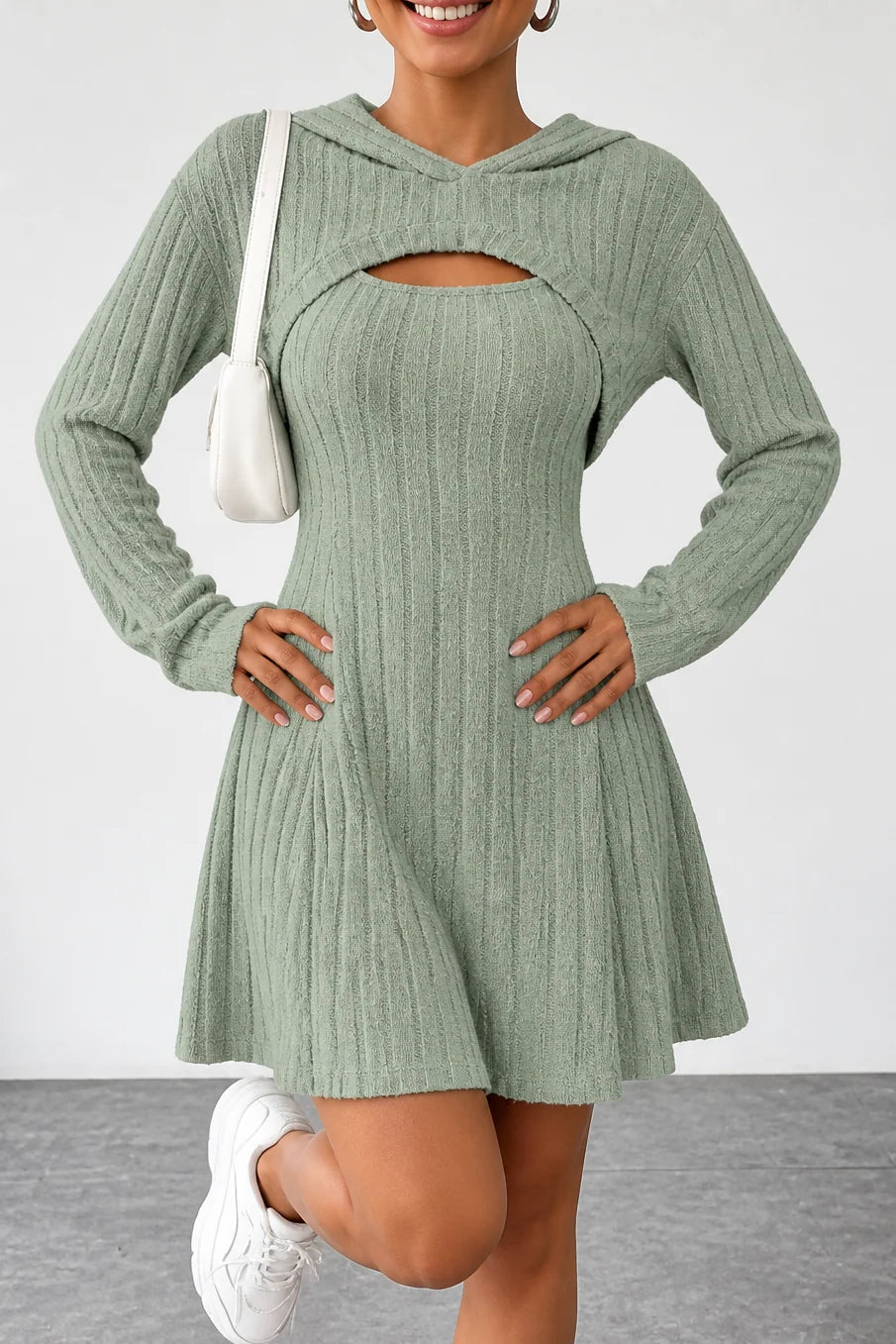 Women’s Ribbed Mini Dress Set with Hooded Bolero and Flared Sleeves 13