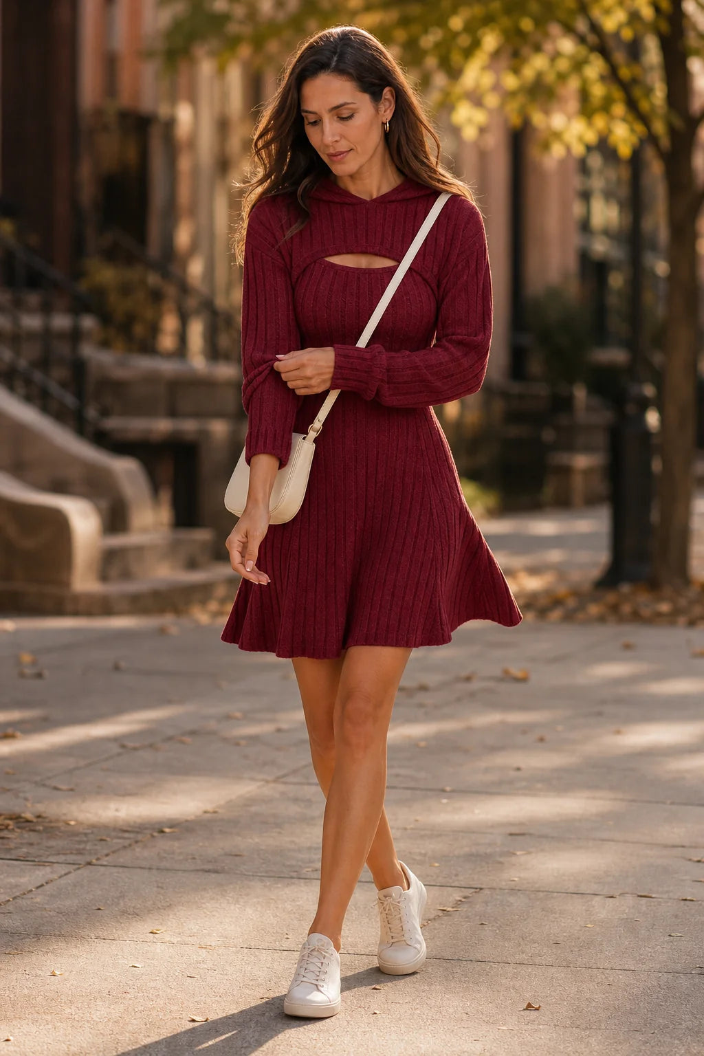 Women’s Ribbed Mini Dress Set with Hooded Bolero and Flared Sleeves 5