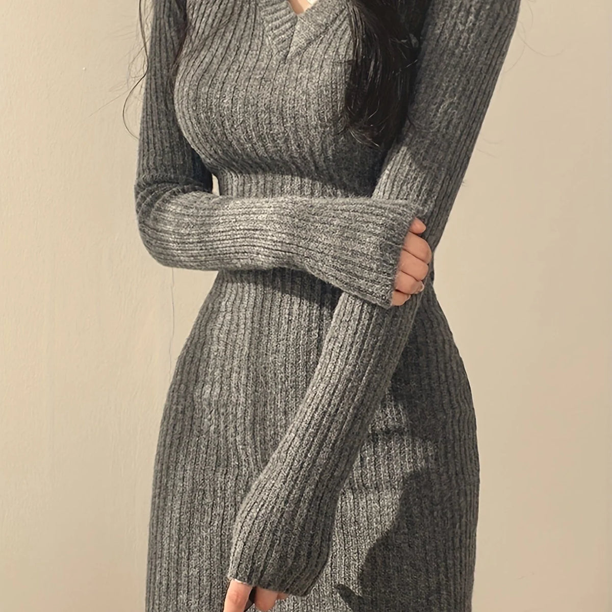 Women’s Ribbed V-Neck Slim-Fit Dress Cozy Seasonal Style 0