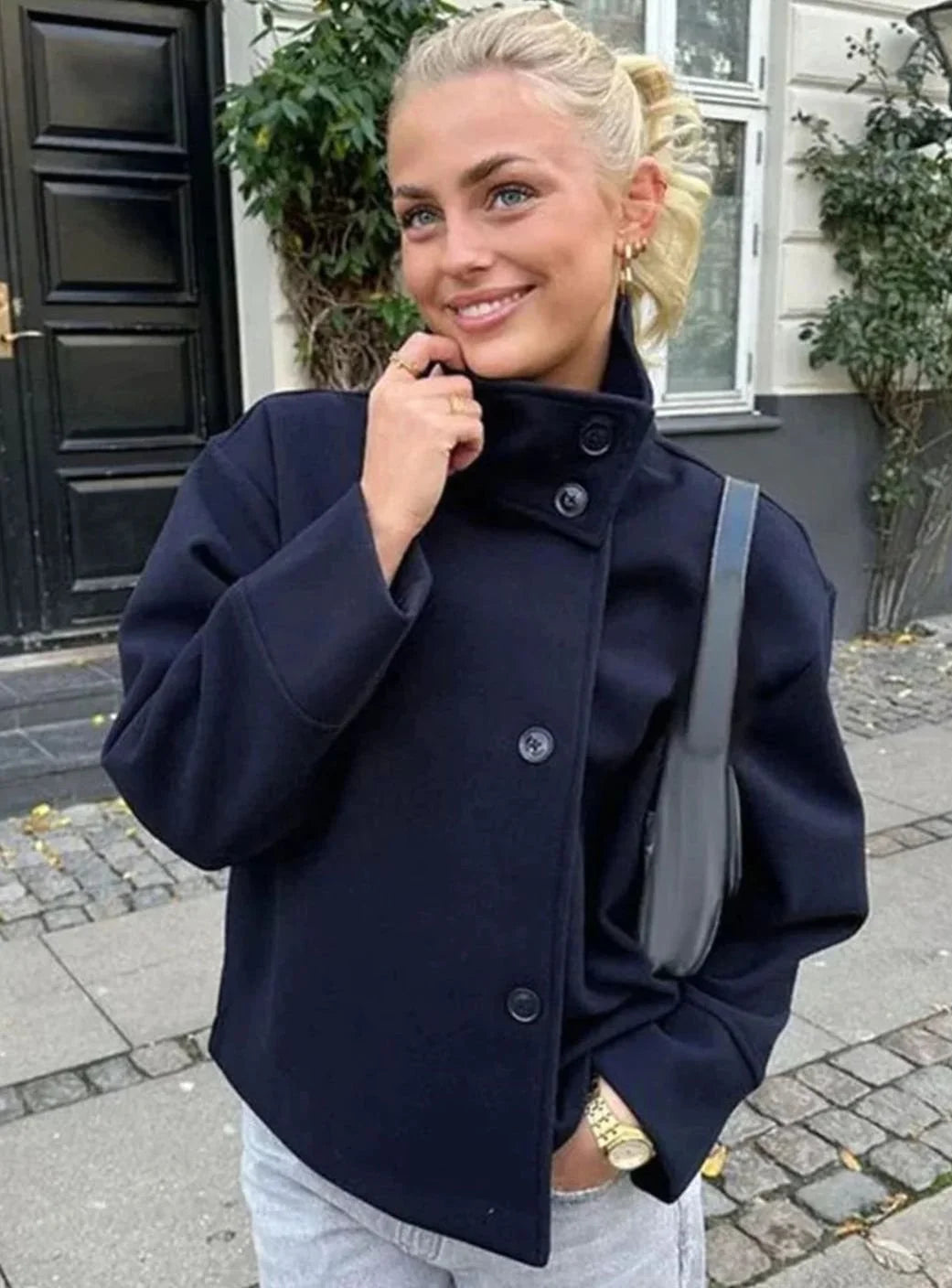 Women’s Short Wool-Blend Coat High-Collar Button-Up Design 0