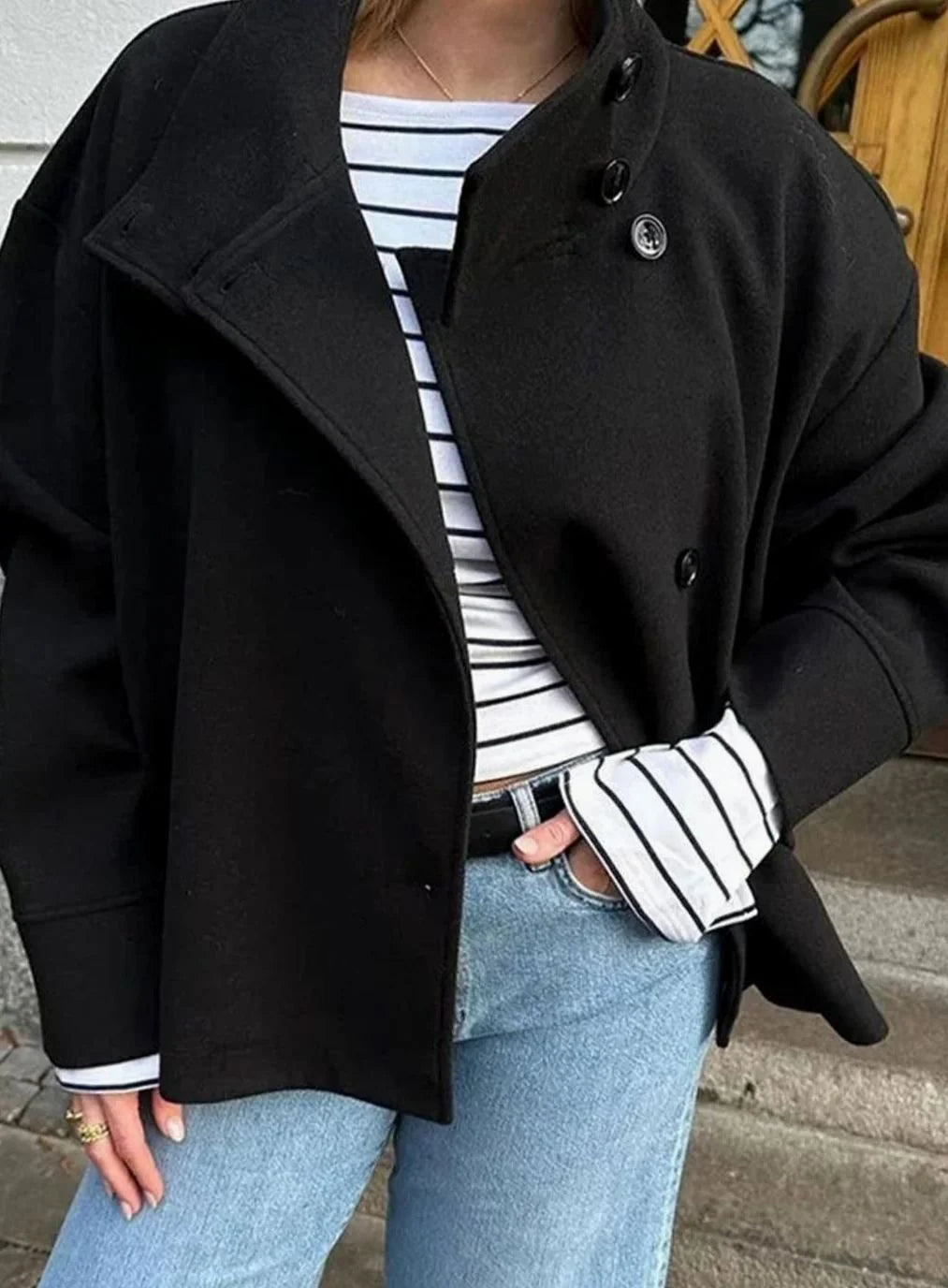 Women’s Short Wool-Blend Coat High-Collar Button-Up Design 3