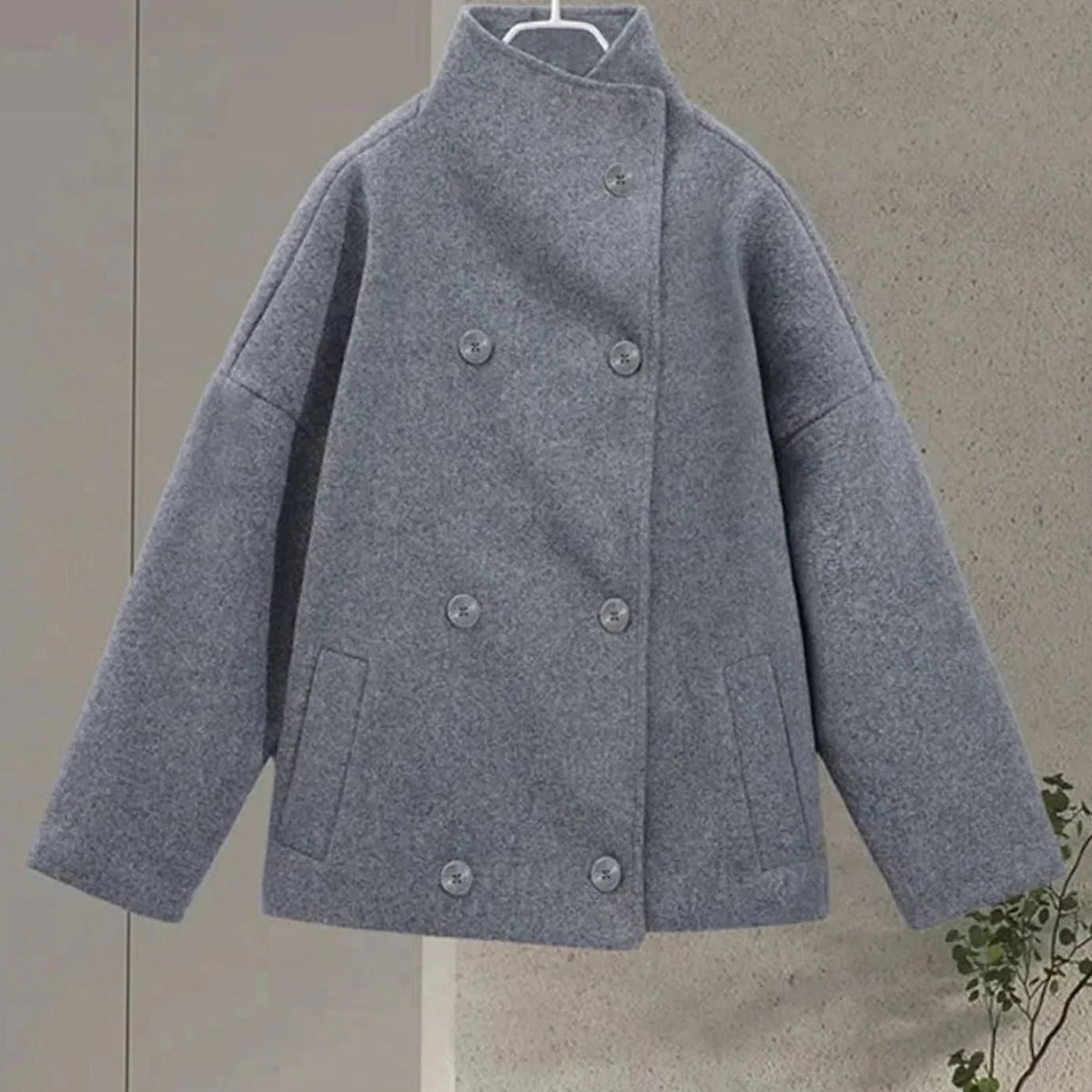 Women’s Short Wool-Blend Coat High-Collar Button-Up Design 8