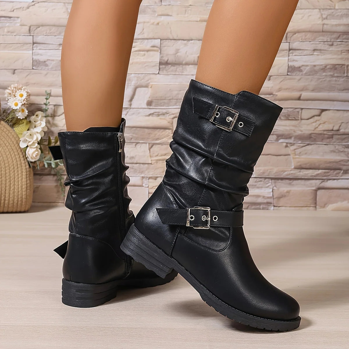 Women’s Slouchy Buckle Boots Comfortable Chunky Heel 1