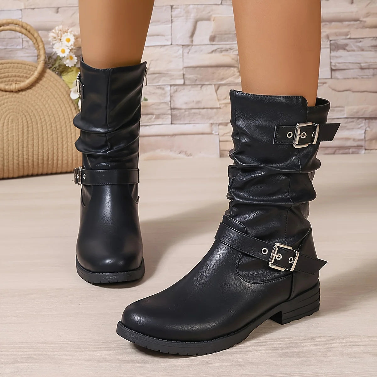 Women’s Slouchy Buckle Boots Comfortable Chunky Heel 4
