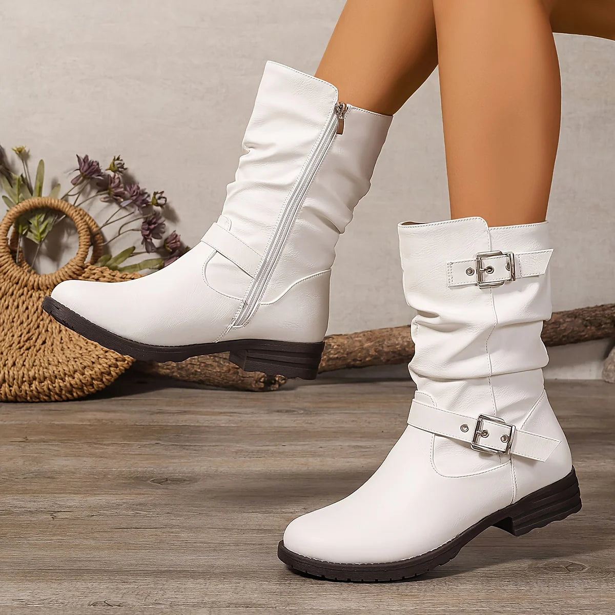 Women’s Slouchy Buckle Boots Comfortable Chunky Heel 5