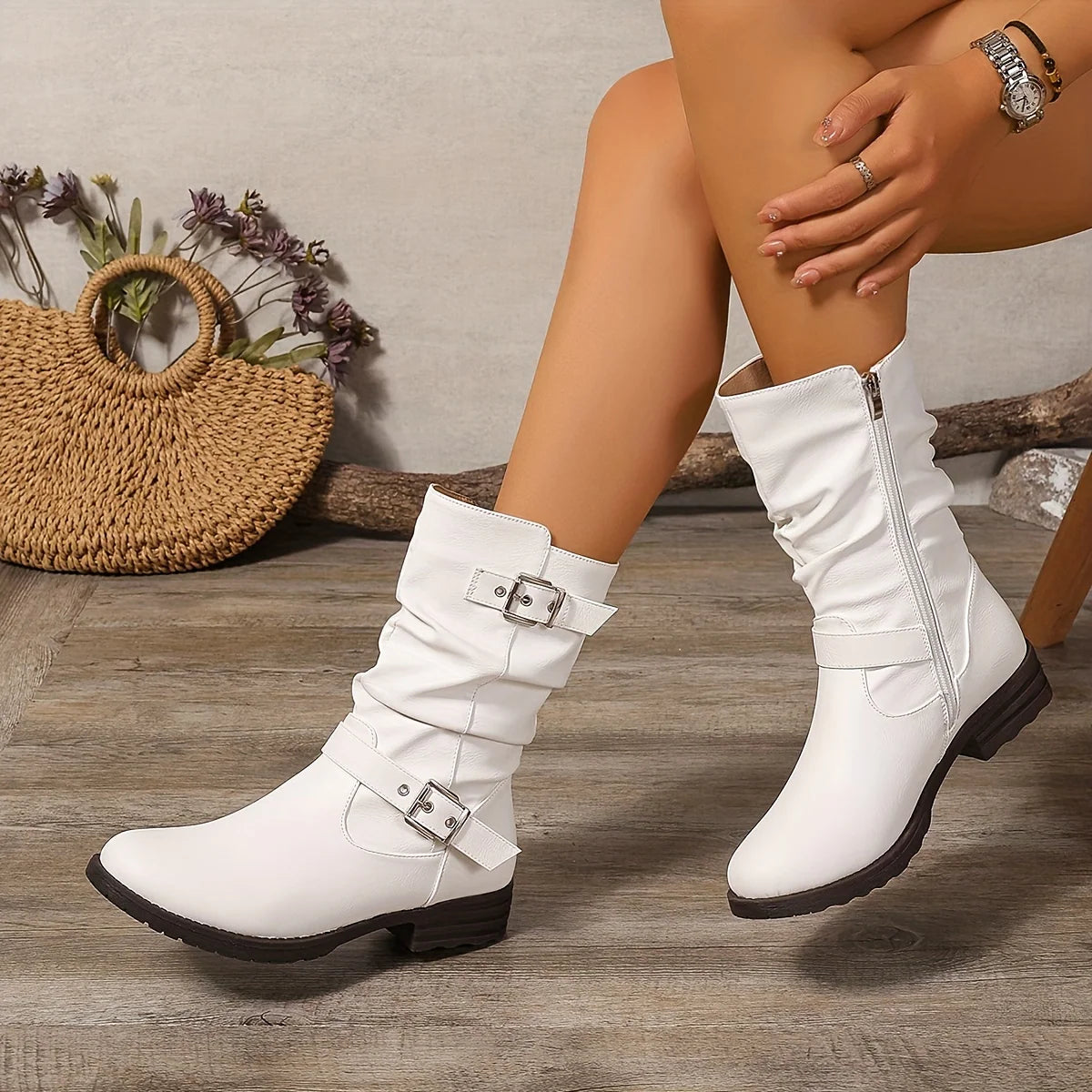 Women’s Slouchy Buckle Boots Comfortable Chunky Heel 7