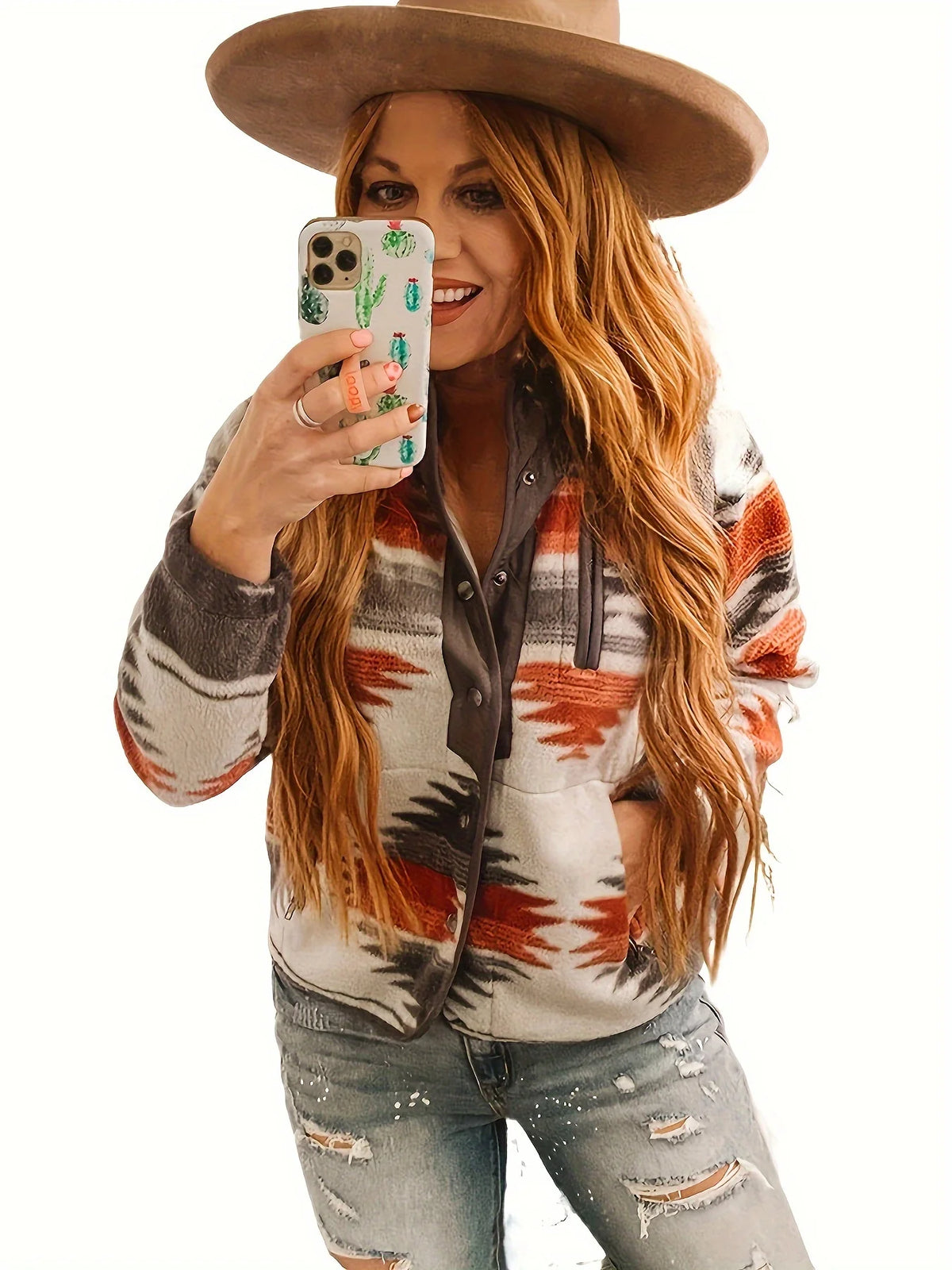 Women’s Snap-Front Jacket Relaxed Fit with Western Pattern 1