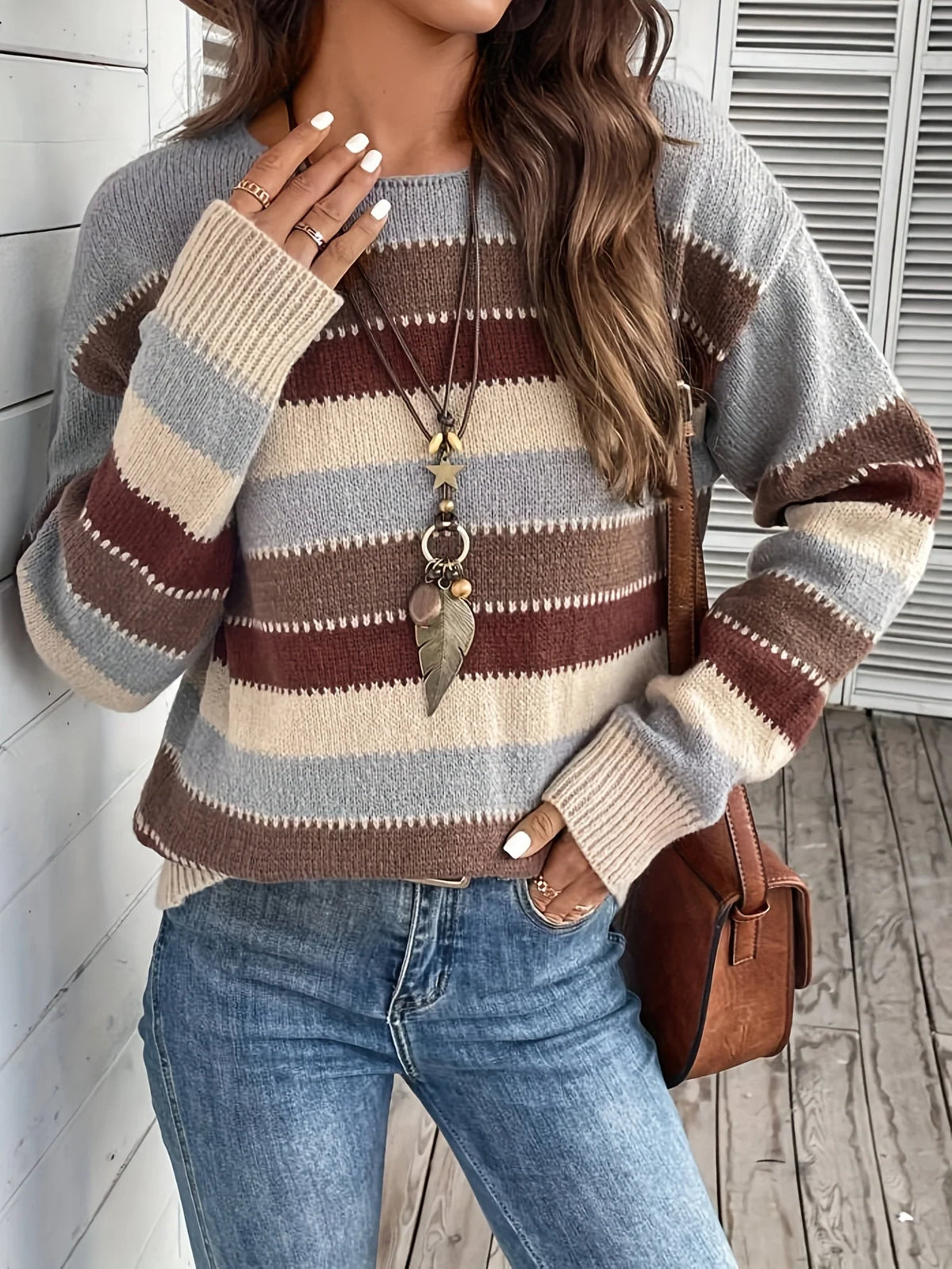 Women’s Striped Sweater Relaxed Fit Round-Neck Design 1