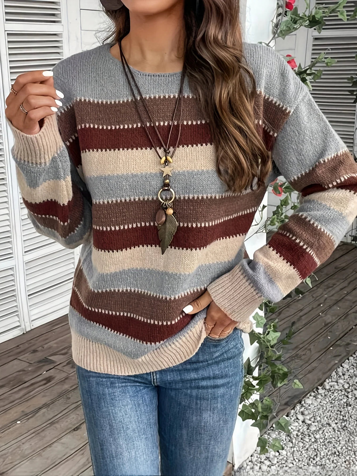 Women’s Striped Sweater Relaxed Fit Round-Neck Design 3