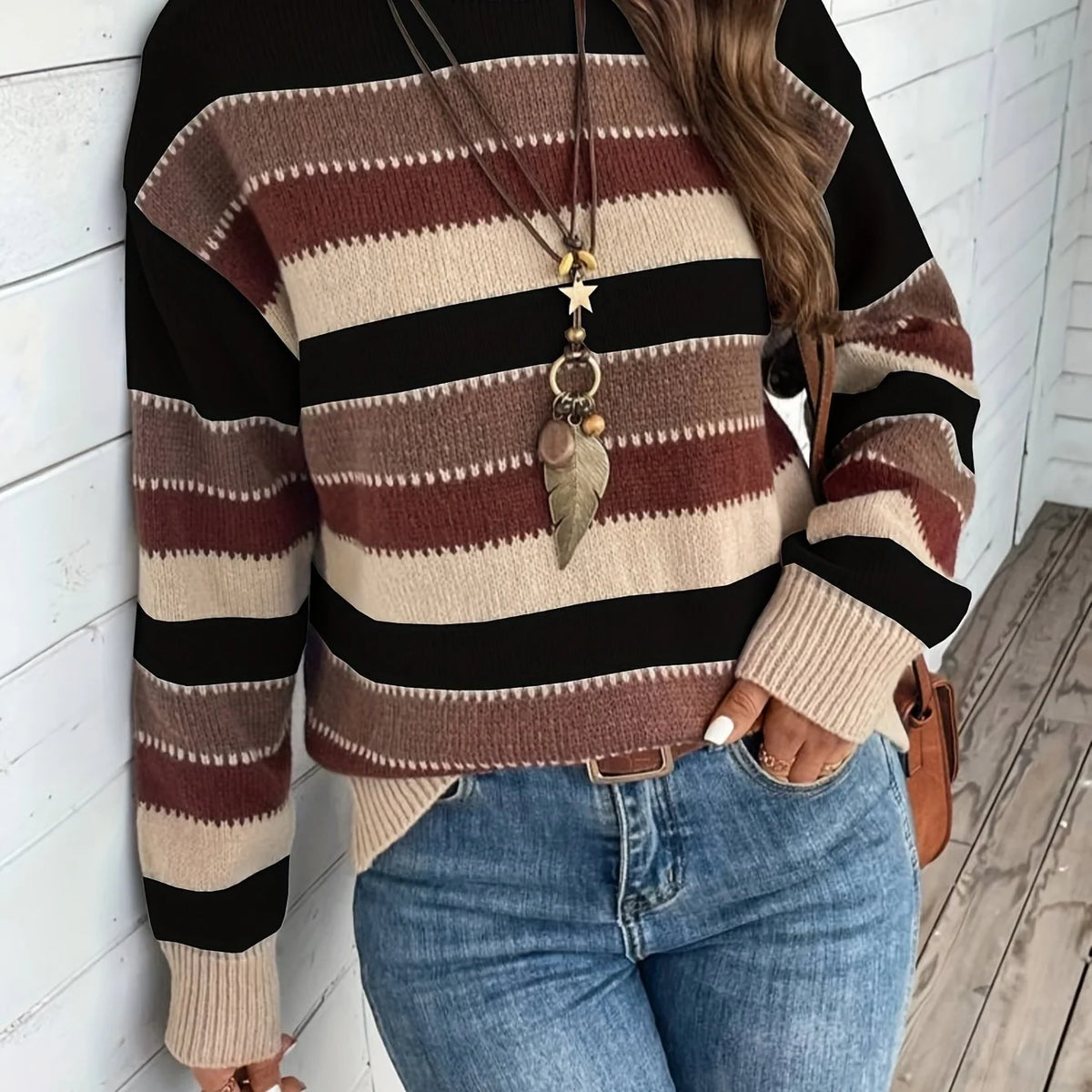 Women’s Striped Sweater Relaxed Fit Round-Neck Design 4