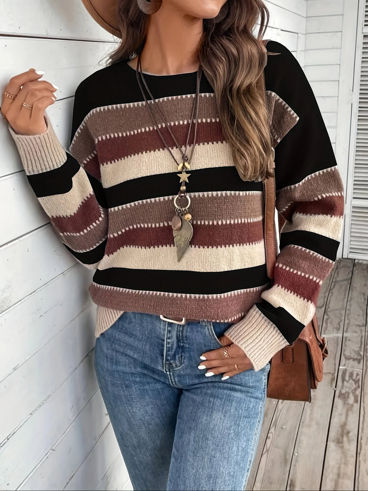 Women’s Striped Sweater Relaxed Fit Round-Neck Design 7