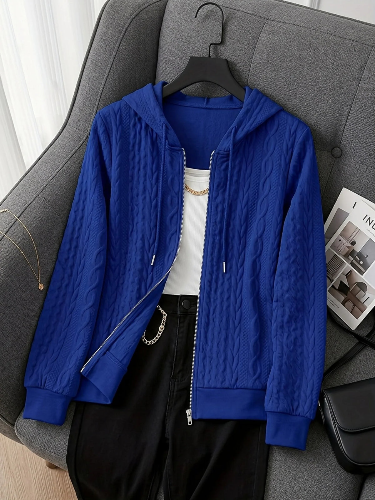 Women’s Textured Hooded Zip-Up Jacket Relaxed Fit Design 5