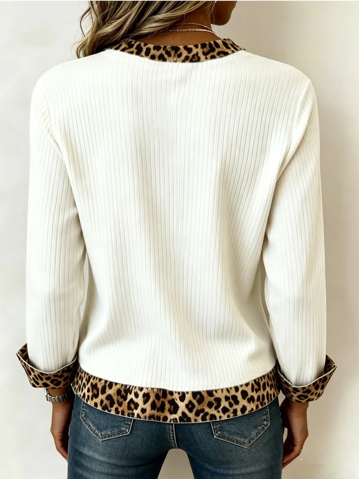 Women’s V-Neck Top with Subtle Animal Print Trim Elegant Everyday Style 2