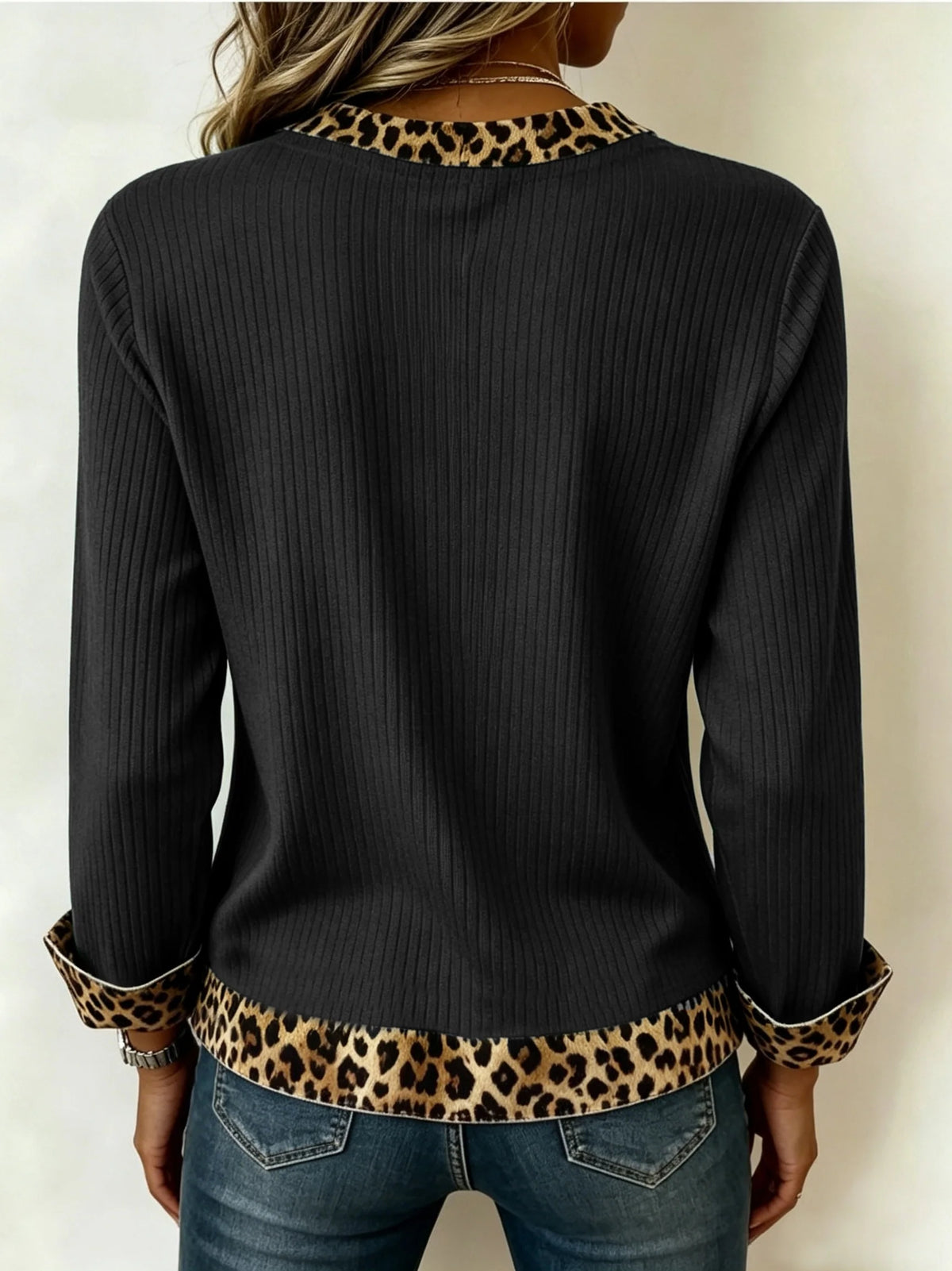 Women’s V-Neck Top with Subtle Animal Print Trim Elegant Everyday Style 8