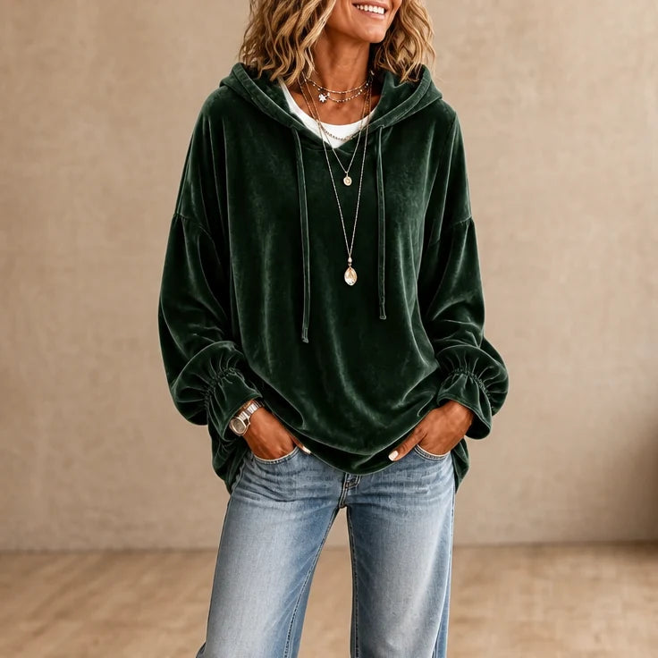 Women’s Velvet Hoodie Relaxed Fit with Ruffle Cuff and High-Low Hem 10