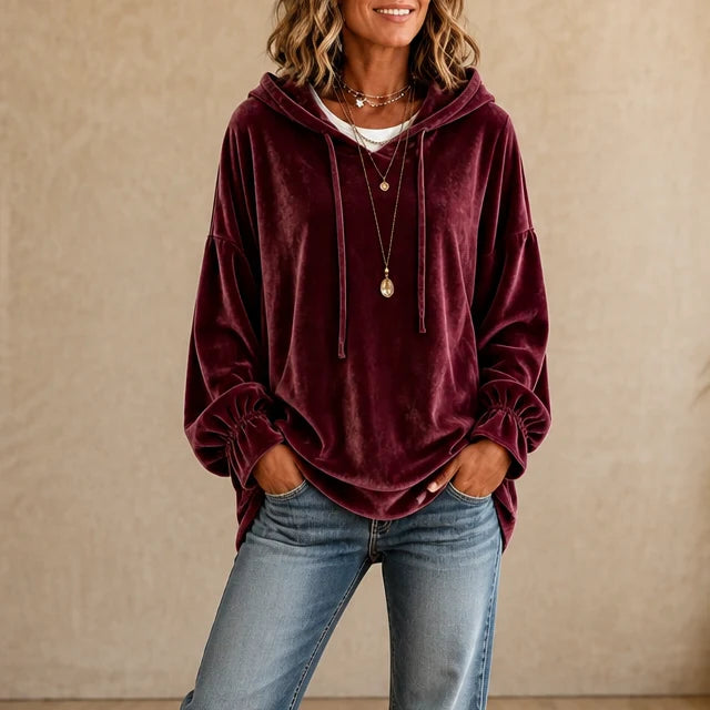 Women’s Velvet Hoodie Relaxed Fit with Ruffle Cuff and High-Low Hem 11