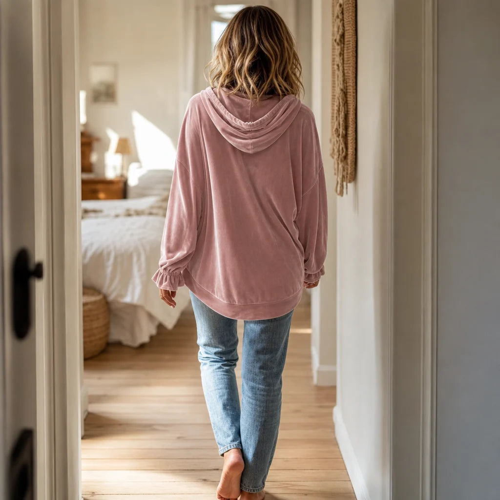 Women’s Velvet Hoodie Relaxed Fit with Ruffle Cuff and High-Low Hem 4