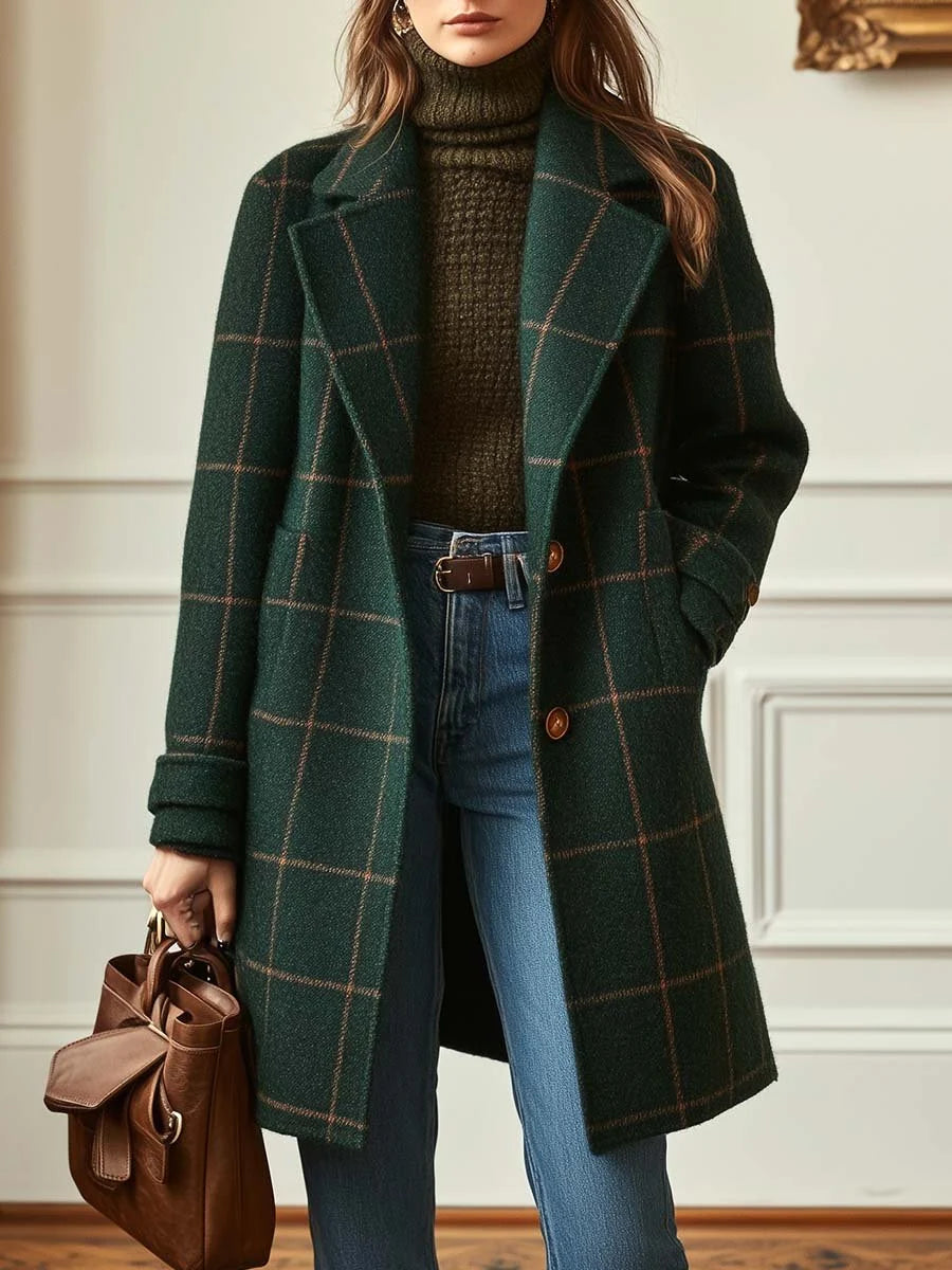 Women’s Wool Blend Check Coat with Lapel Collar Stylish Winter Outerwear 0