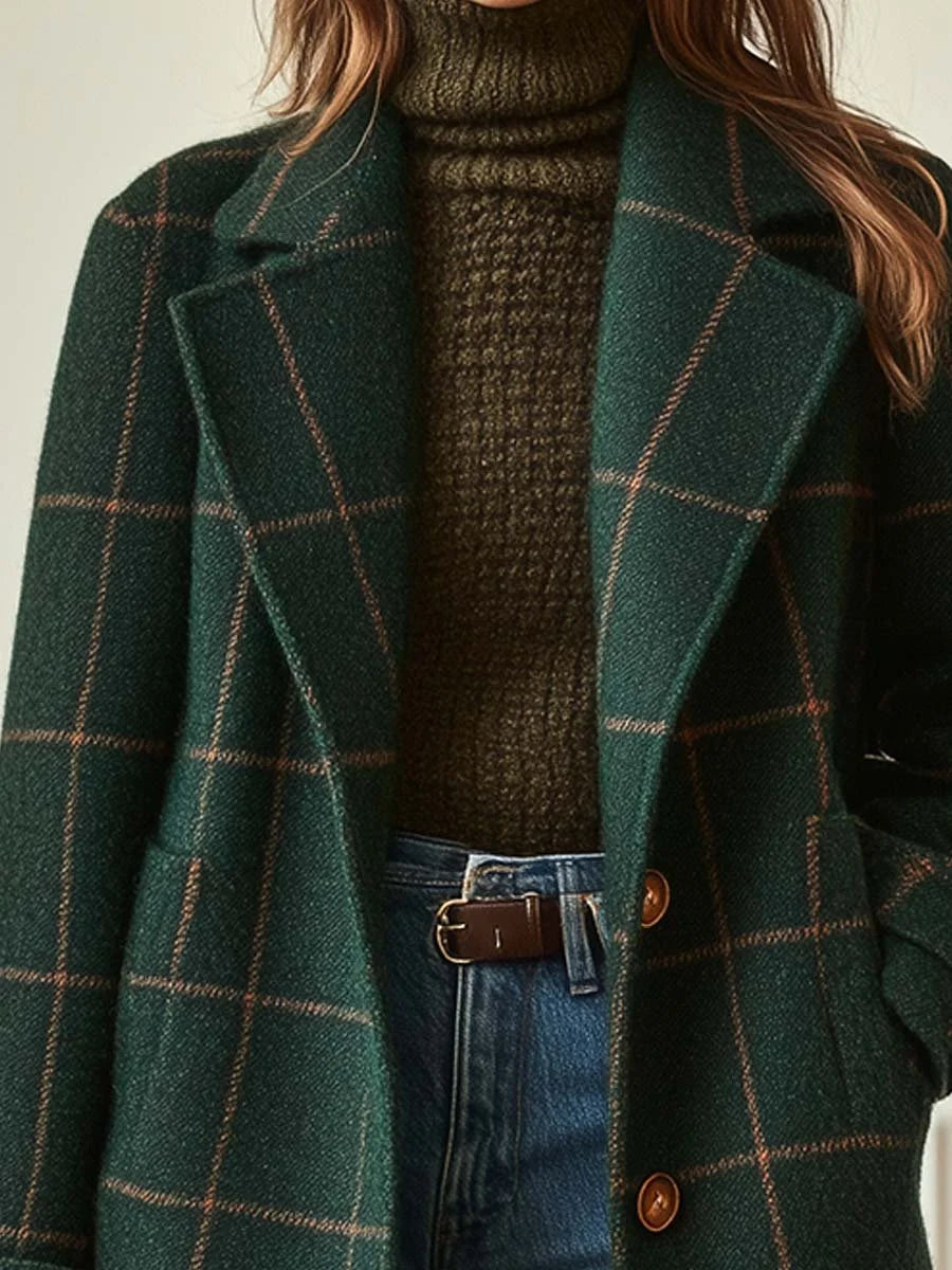 Women’s Wool Blend Check Coat with Lapel Collar Stylish Winter Outerwear 1