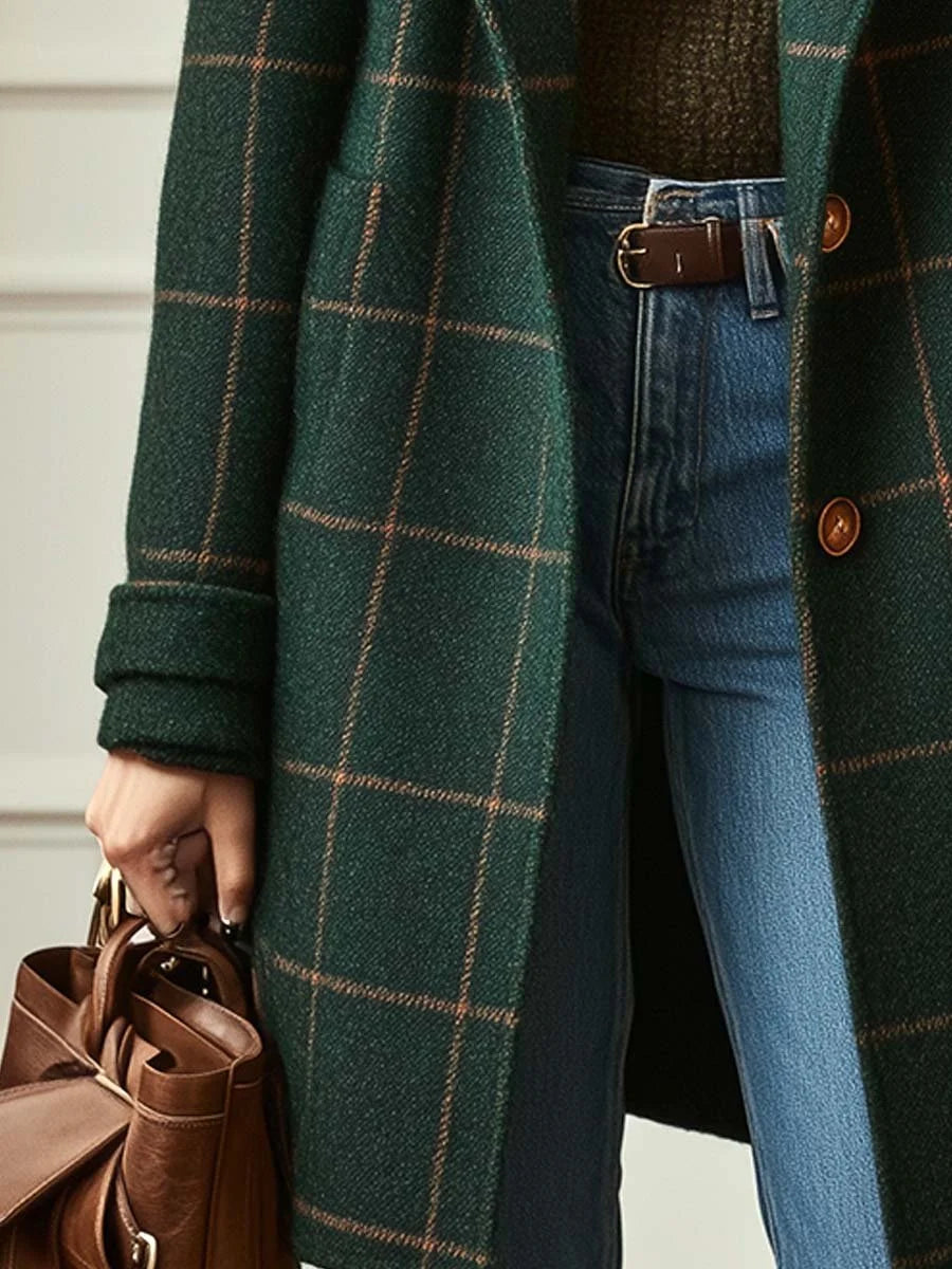 Women’s Wool Blend Check Coat with Lapel Collar Stylish Winter Outerwear 3